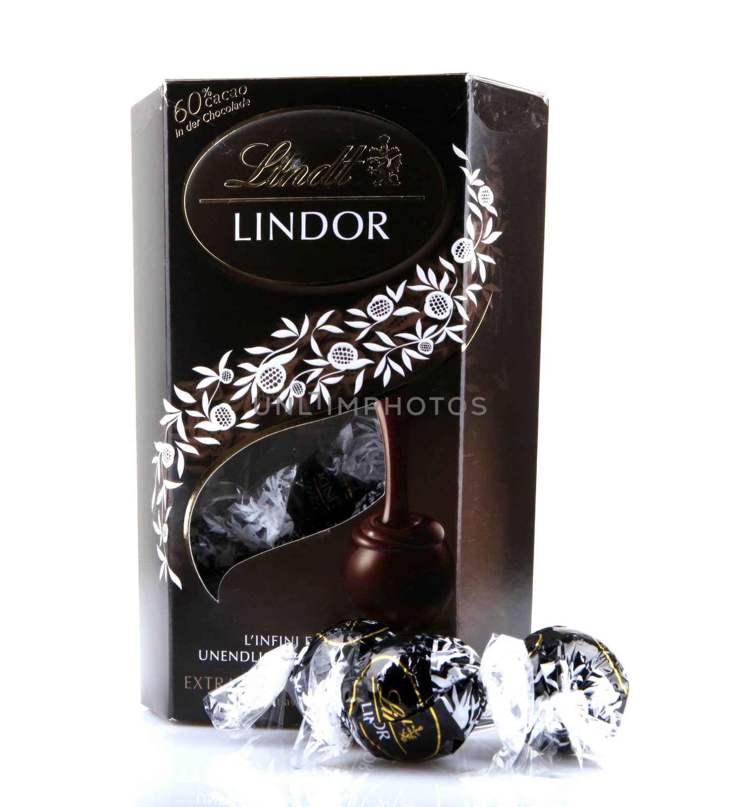 AYTOS, BULGARIA - APRIL 02, 2014: Milk Chocolate LINDOR truffle. Lindt & Spr��ngli is recognized as a leader in the market for premium quality chocolate.