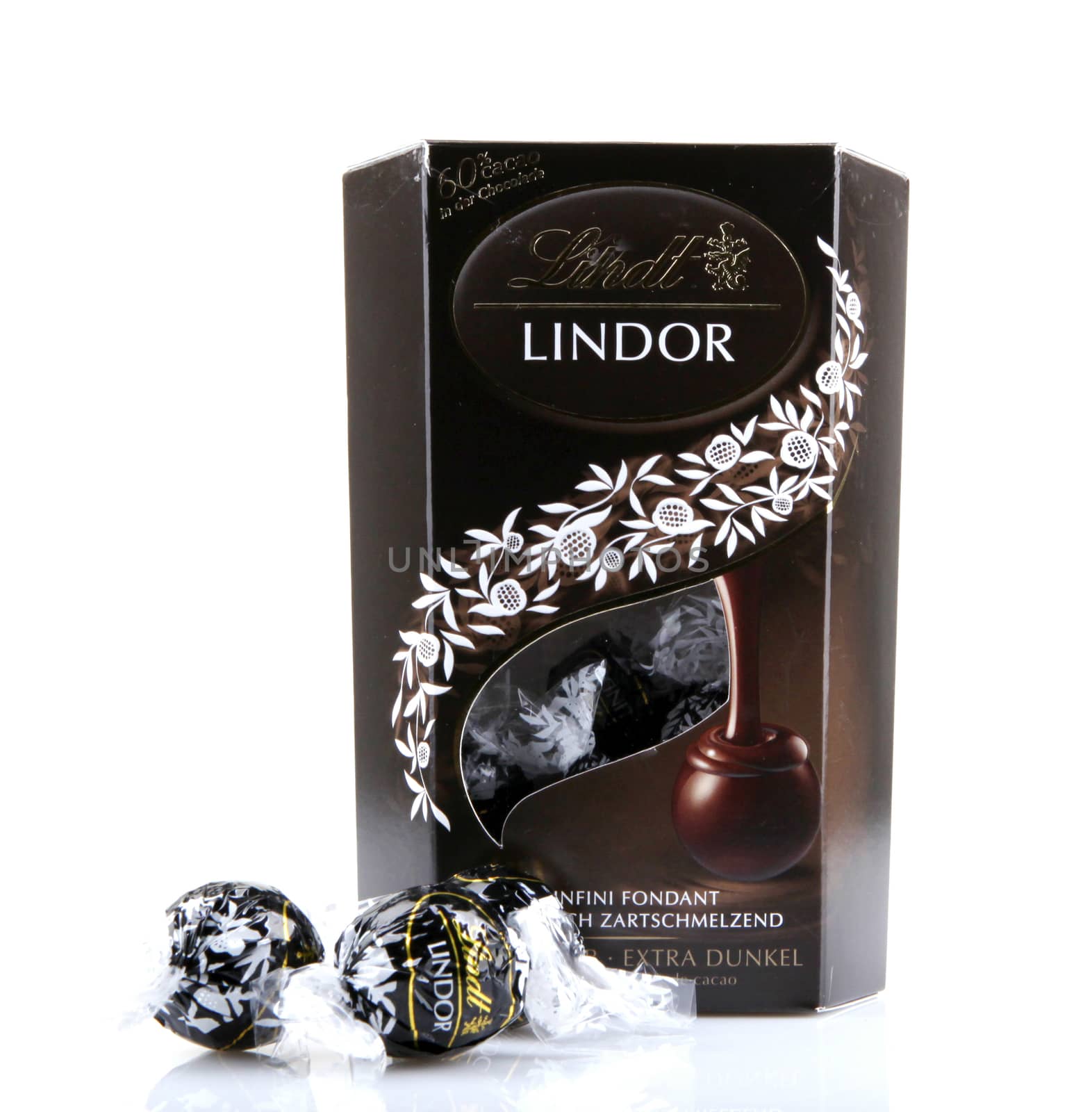 AYTOS, BULGARIA - APRIL 02, 2014: Milk Chocolate LINDOR truffle. Lindt & Spr��ngli is recognized as a leader in the market for premium quality chocolate.