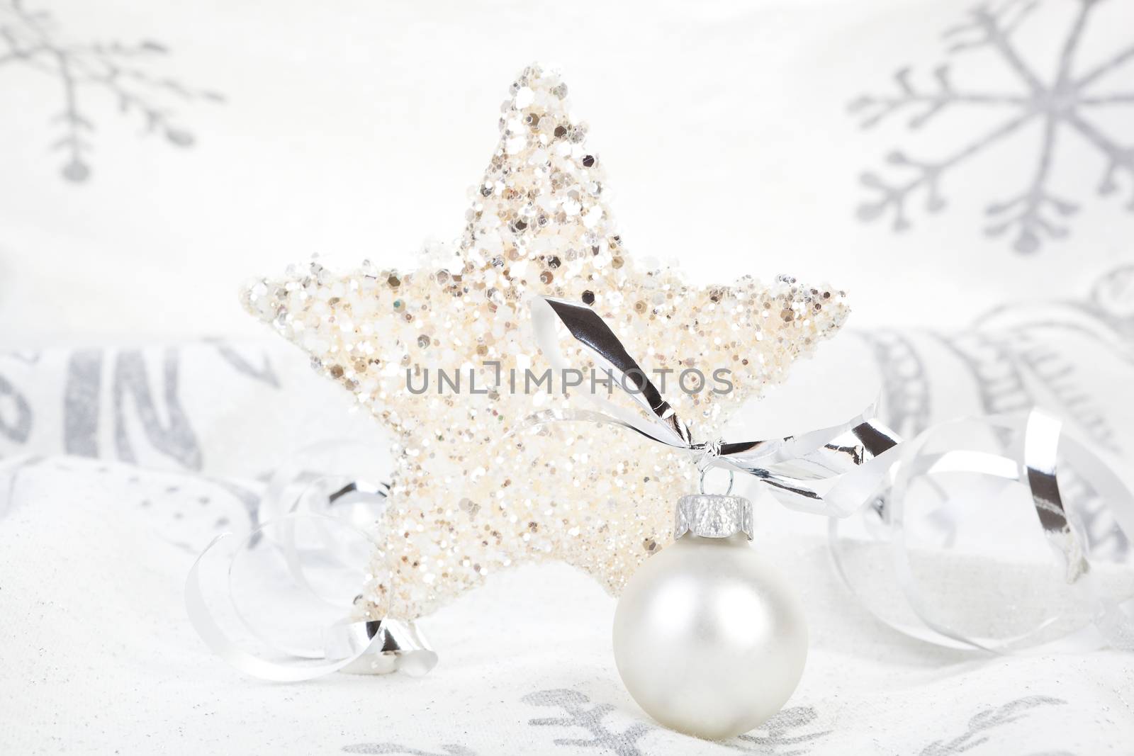 White and silver temporary christmas decoration background. Festive holiday season concept.