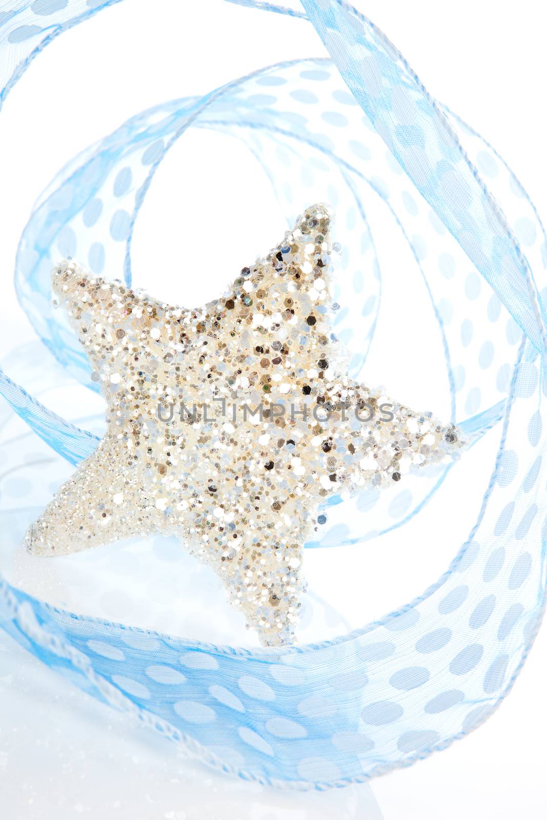 Silver and blue shiny christmas star decoration background. Festive holiday season concept.