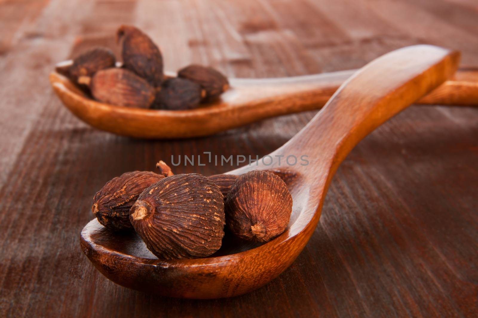 Nutmegs on wooden spoon on dark wooden background. Culinary nuts concept.