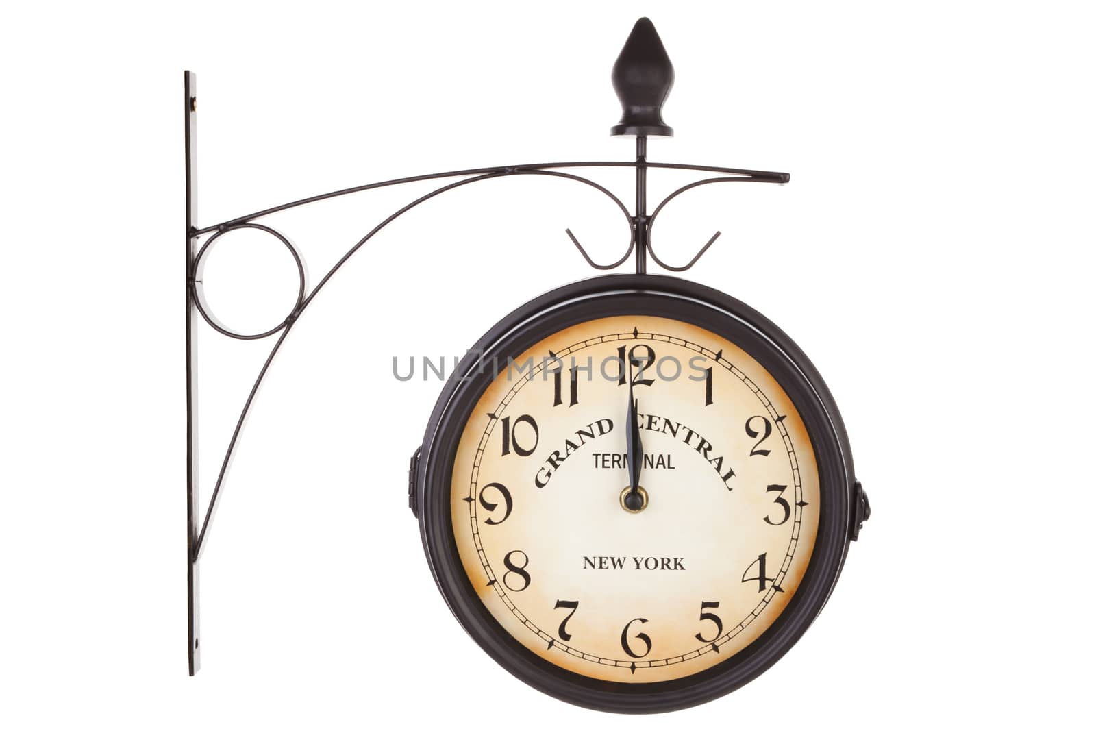 Classic vintage railway station clock isolated on white background. Retro antique timepiece.