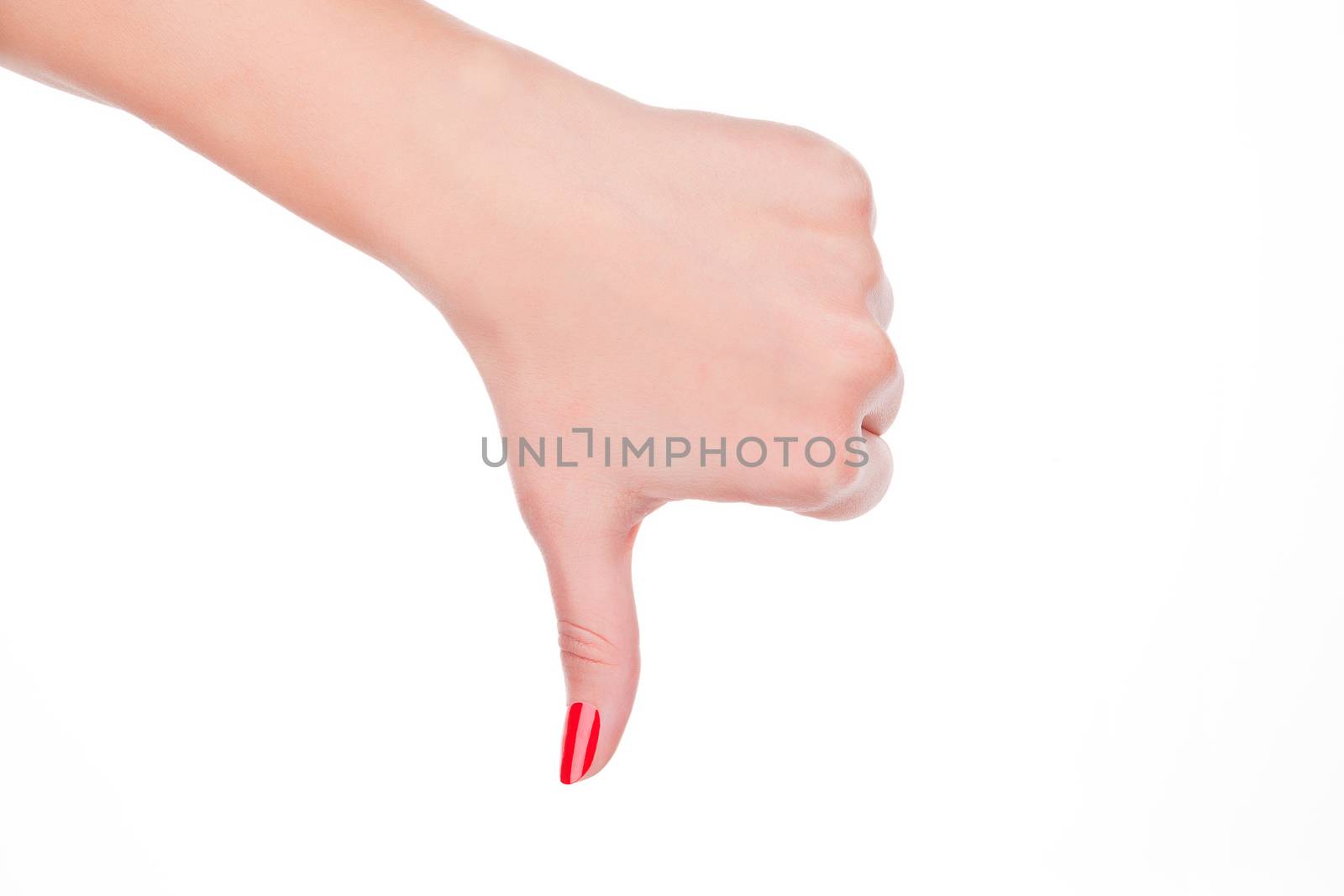 Fail. Female hand with red fingernails showing the fail sign isolated on white background.