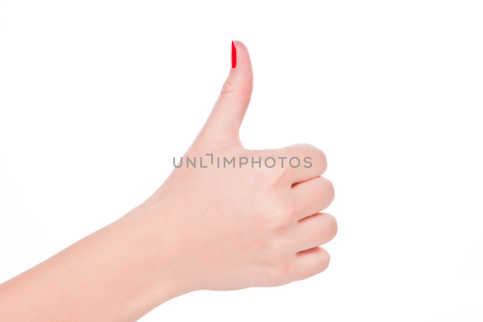 Female hand with red fingernails showing thumbs up isolated on white. Everything is perfect concept.