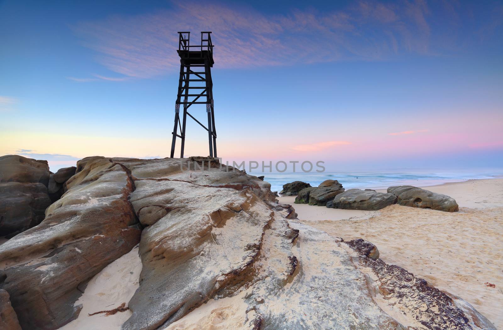 A bird sits on the shark tower at Redhead Beach, NSW Australia at dawn