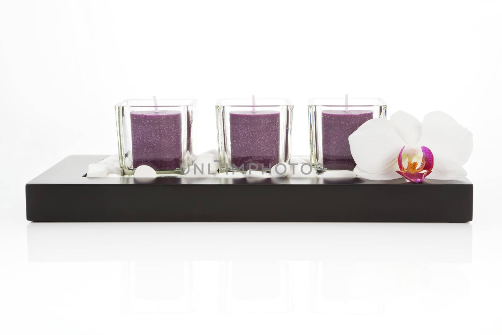 Zen still life with purple candles, white stones and orchid blossom on white background. Zen concept