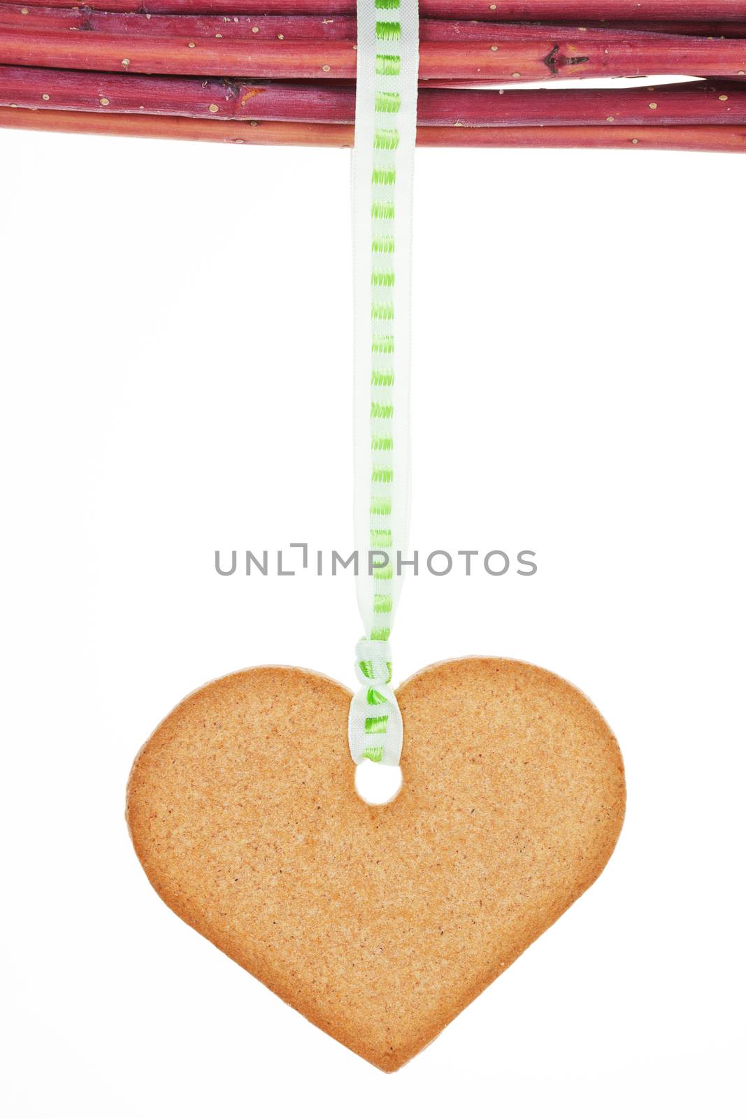 Homemade gingerbread heart hanging from branches isolated over white background. Traditional christmas concept.