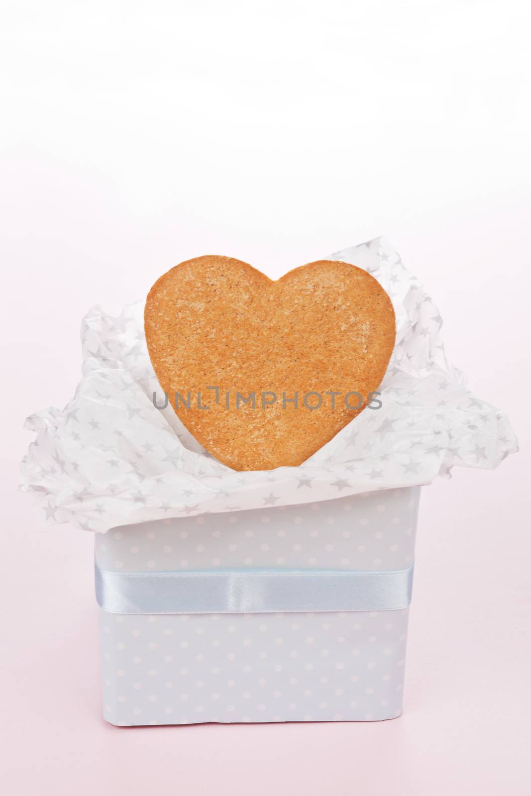 Heart shaped gingerbread cookie with copy space in luxurious present on light background. Festive concept.