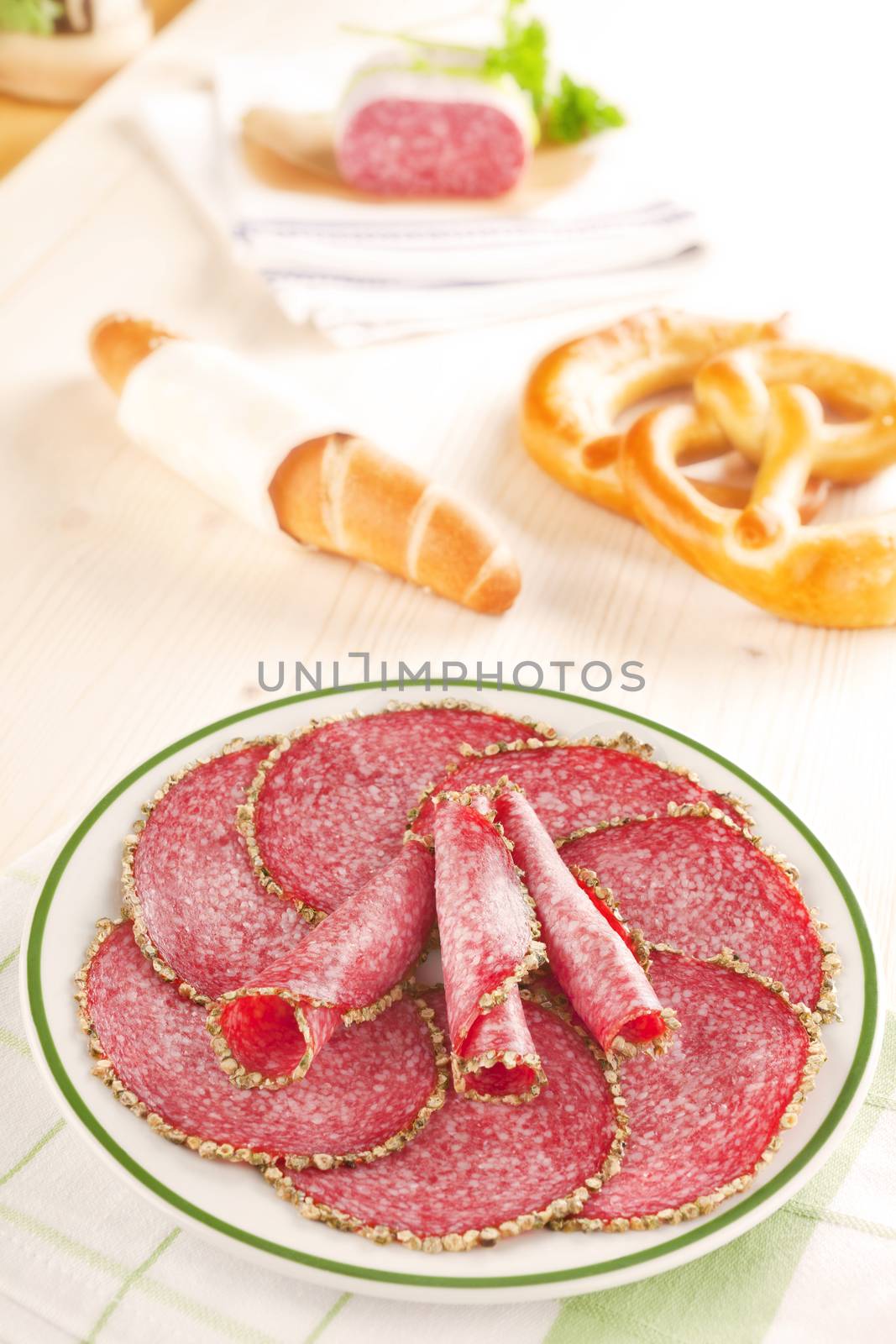 Delicious salami slices on plate with pastry, salami piece and fresh herbs in background. Culinary meat concept.