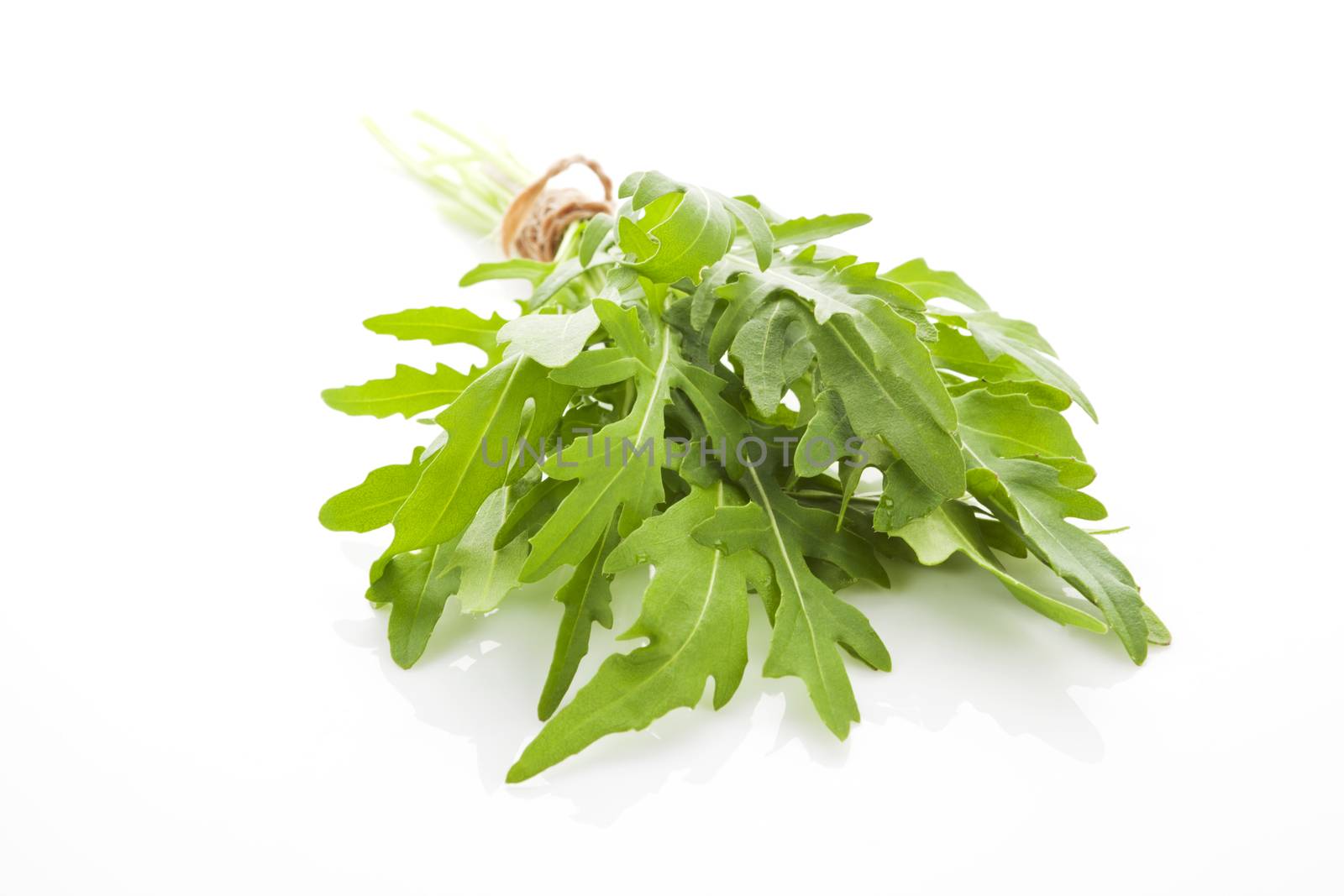 Fresh arugula leaves close up isolated on white background. Aromatic culinary herbs.