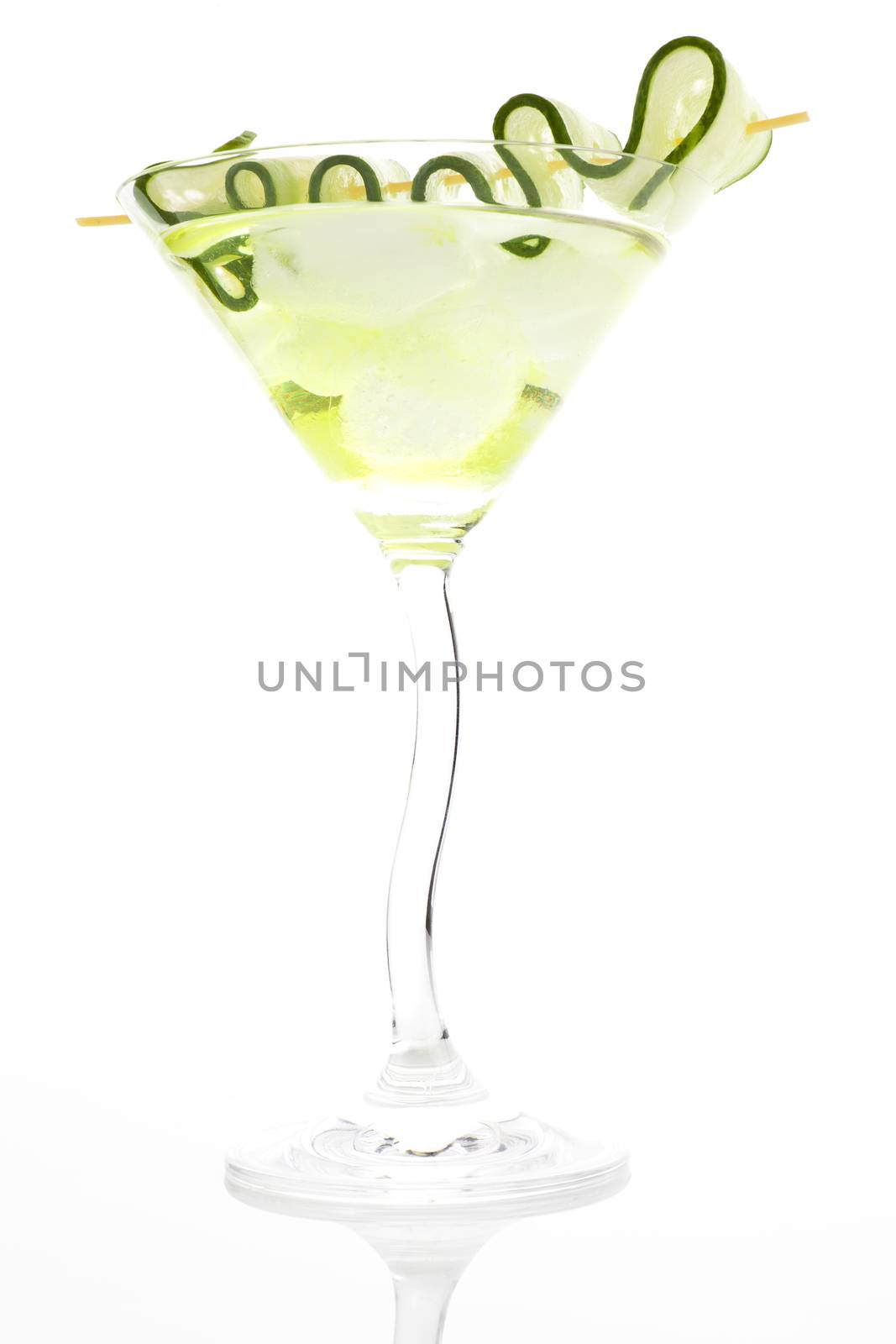 Delicious cocktail with cucumber garnish isolated on white background. Summer drink. 