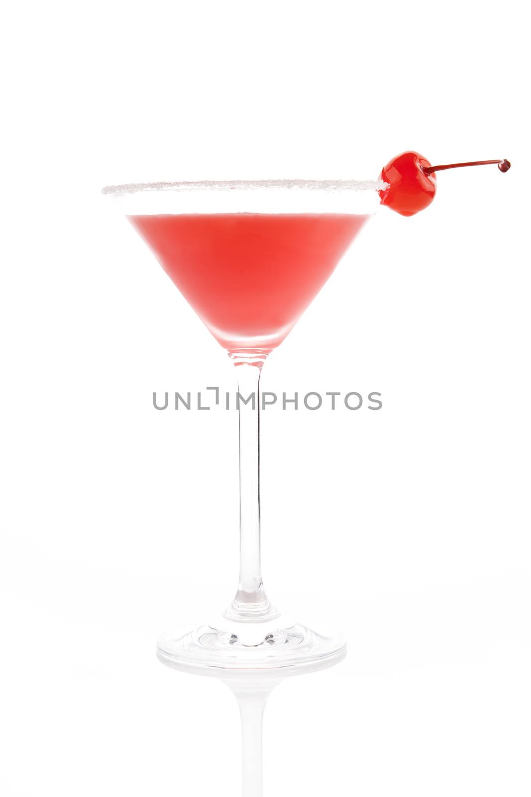 Delicious fruit cocktail decorated with cherry isolated on white. Summer drink. 