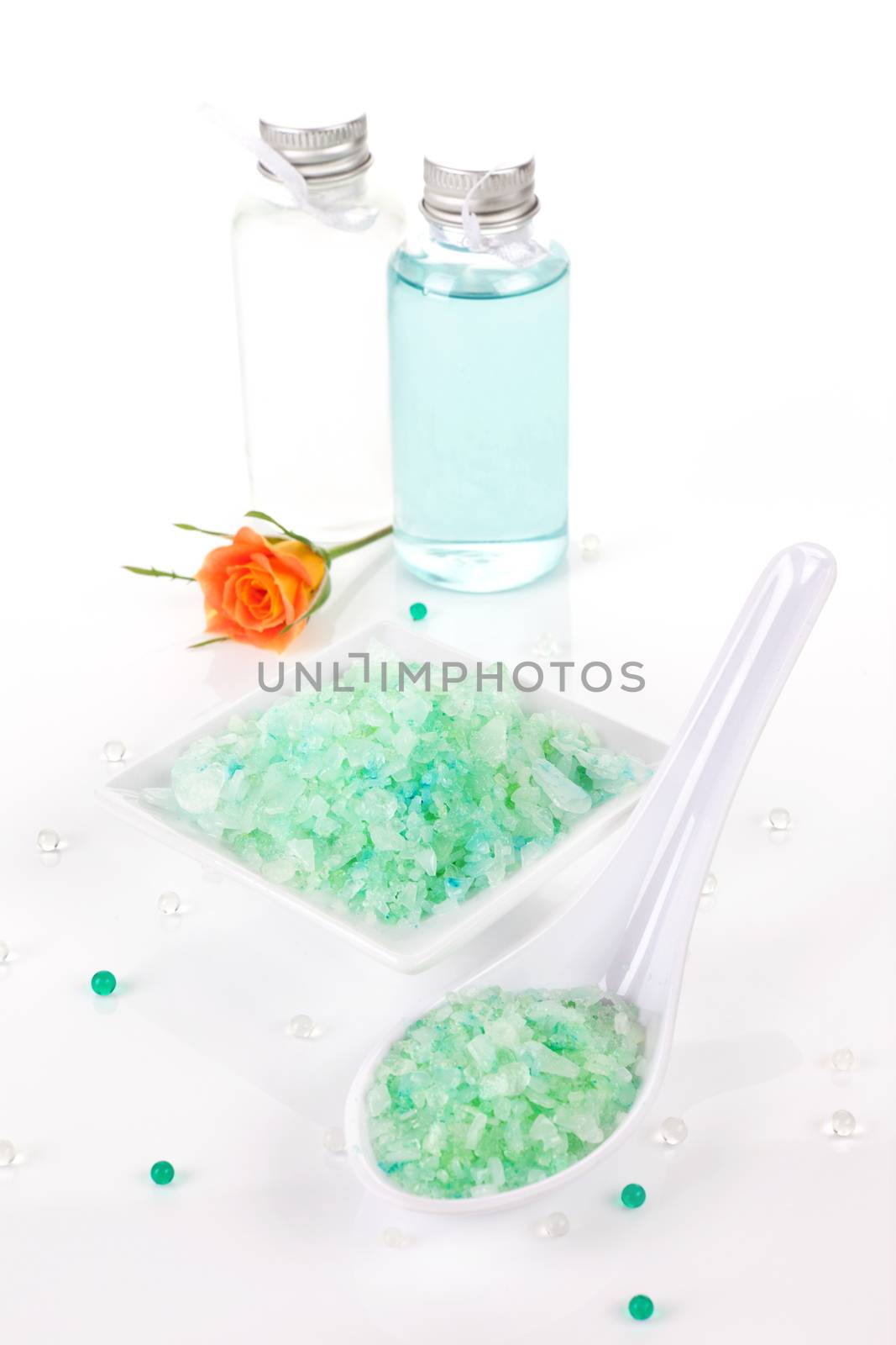 Luxurious body care set isolated on white background. Wellness spa organic products.