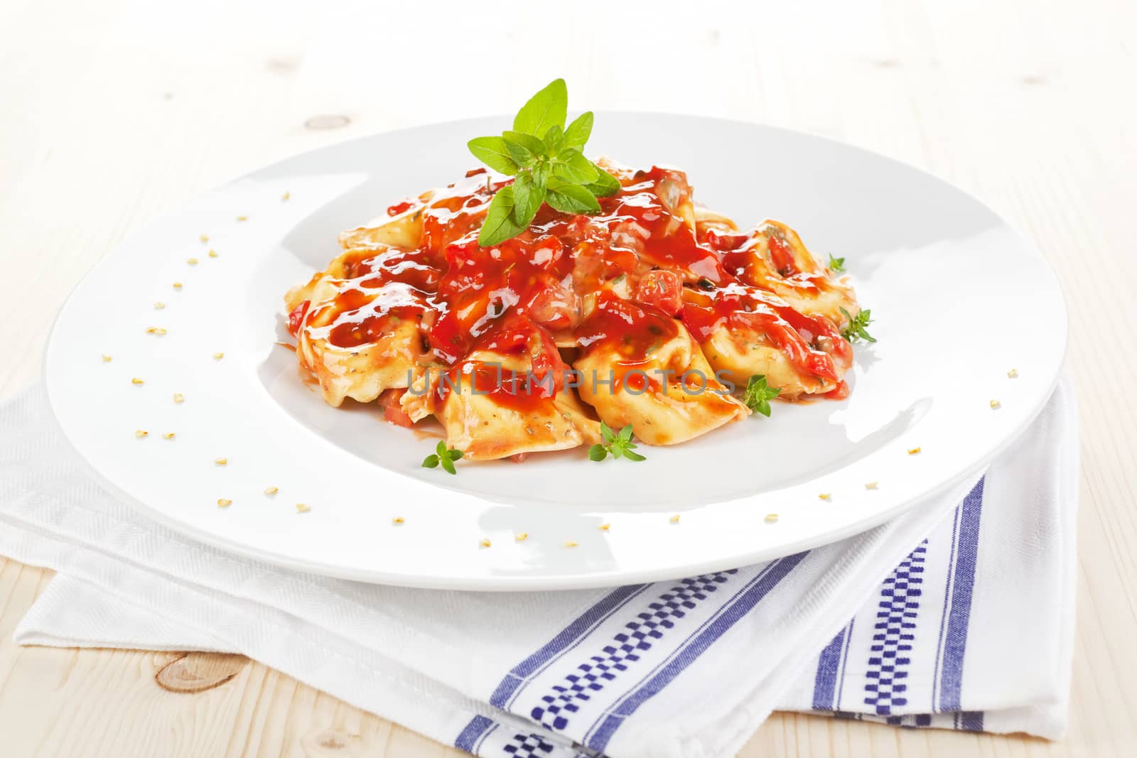 Tortellini with tomato sauce on white plate. Traditional italian pasta.