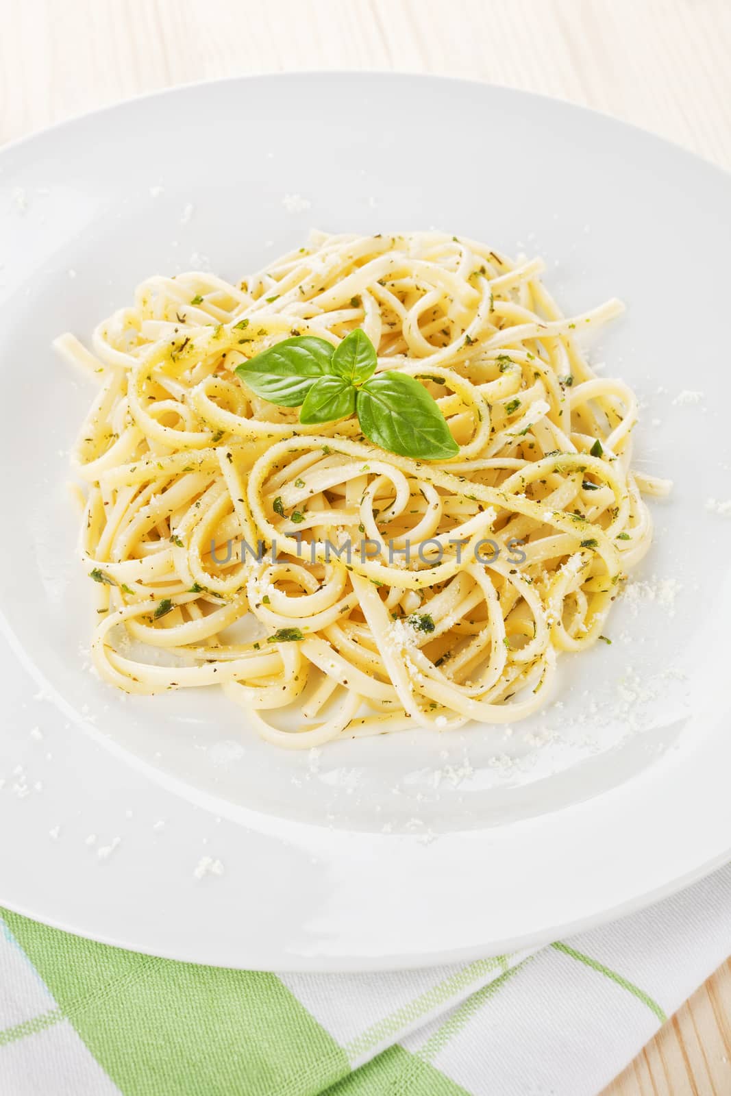 Spaghetti carbonara on white plate. Traditional italian pasta.