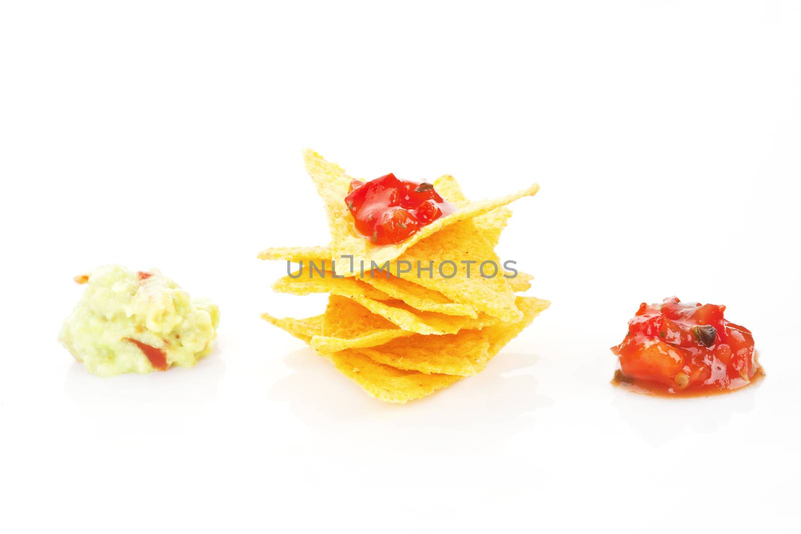 Nachos with guacamole and tomato dip isolated on white background.