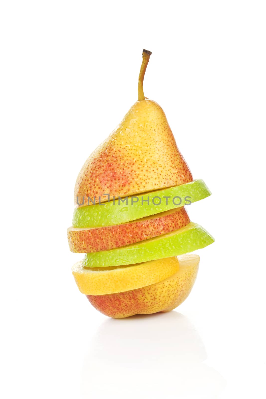 Fresh delicious fruits isolated on white. Pear, apple and lemon slices. Fresh summer salad.