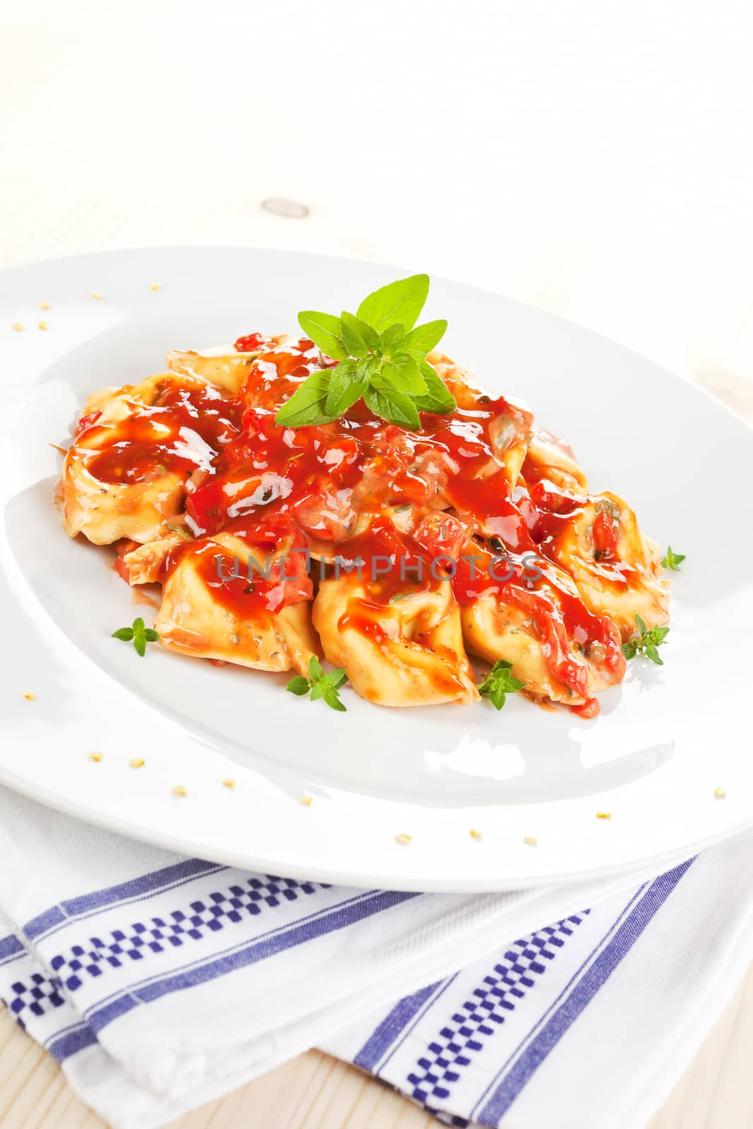 Delicious tortellini with tomato sauce on white plate. Traditional italian food.