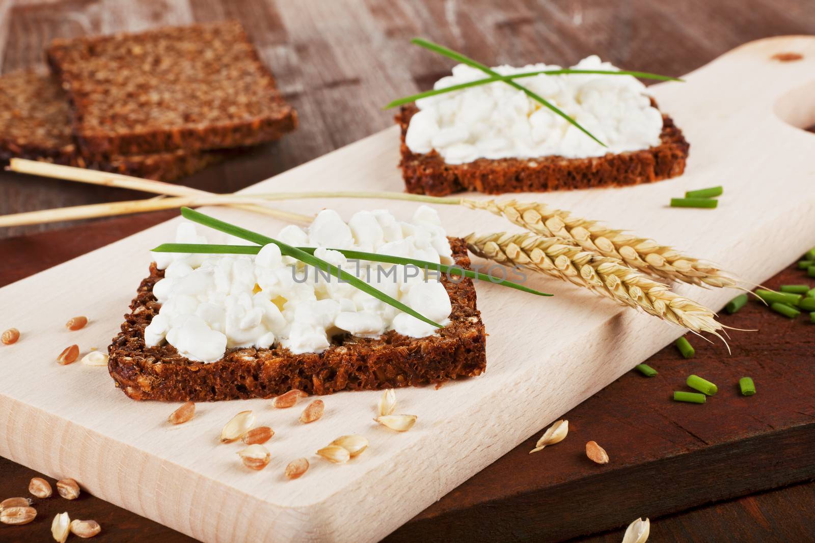 Black whole wheat bread slices with cottage cheese, fresh herbs and wheat on wooden cutting board. Healthy rustic eating background.