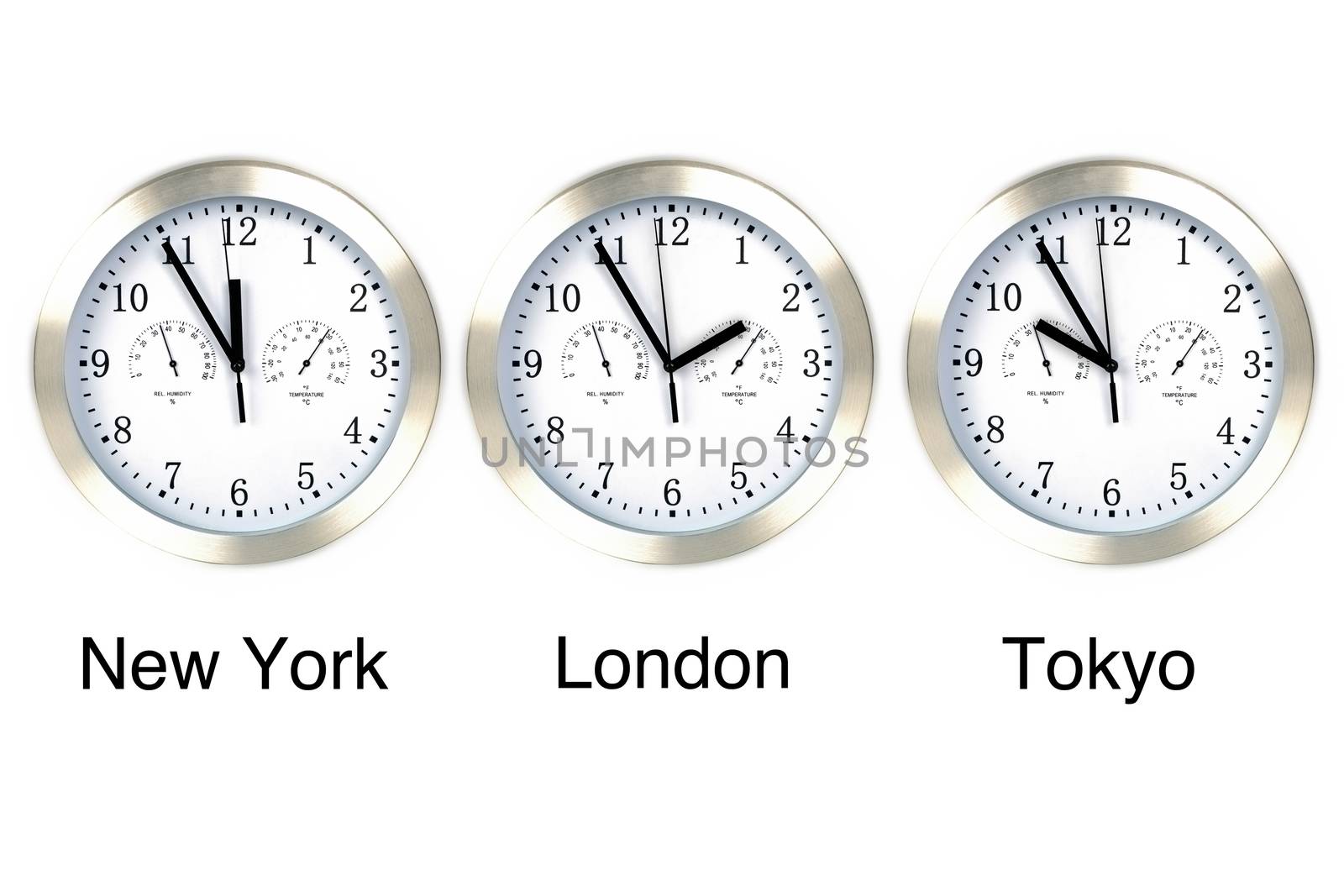 World time. Time in London, New York and Tokyo, three watches isolated on white.