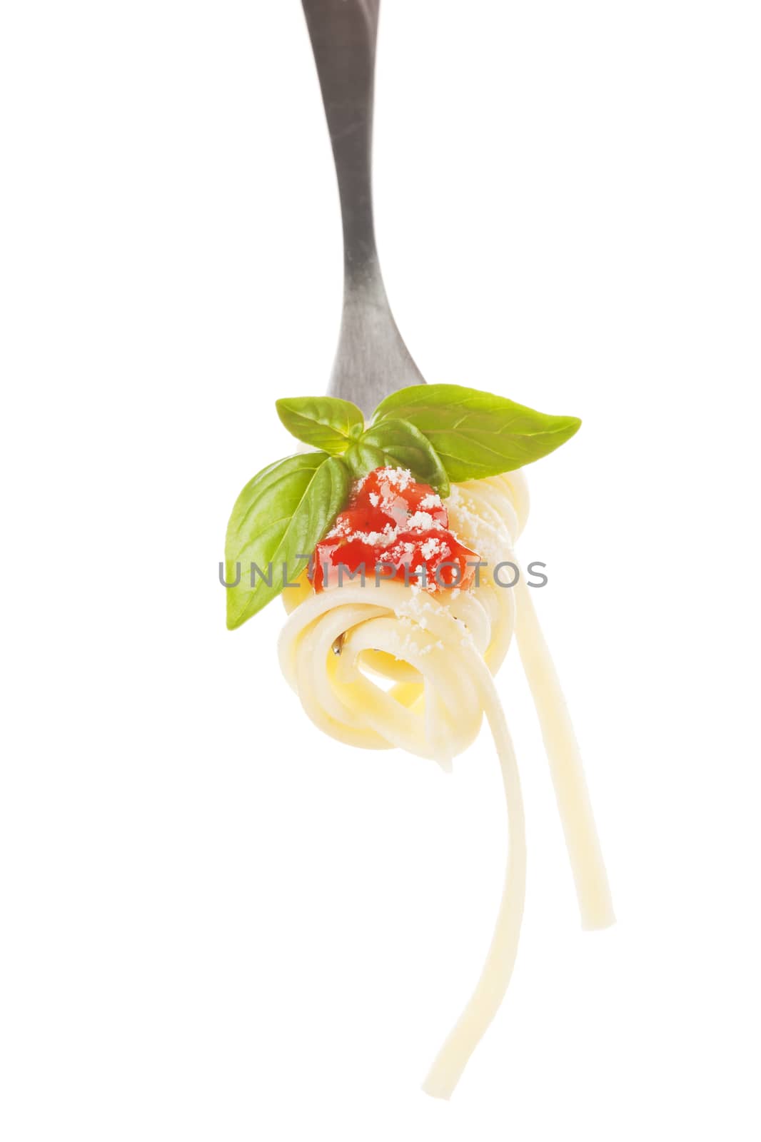 Pasta with tomato sauce, basil and parmesan cheese on fork isolated on white. Traditional italian food. 