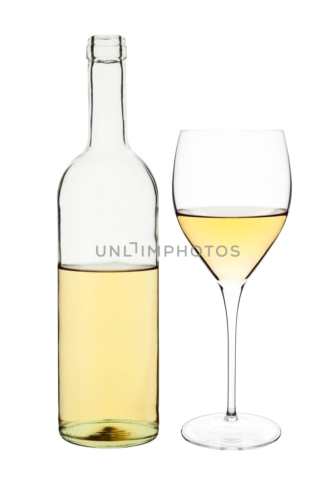 Elegant transparent white wine bottle and glass isolated on white background.