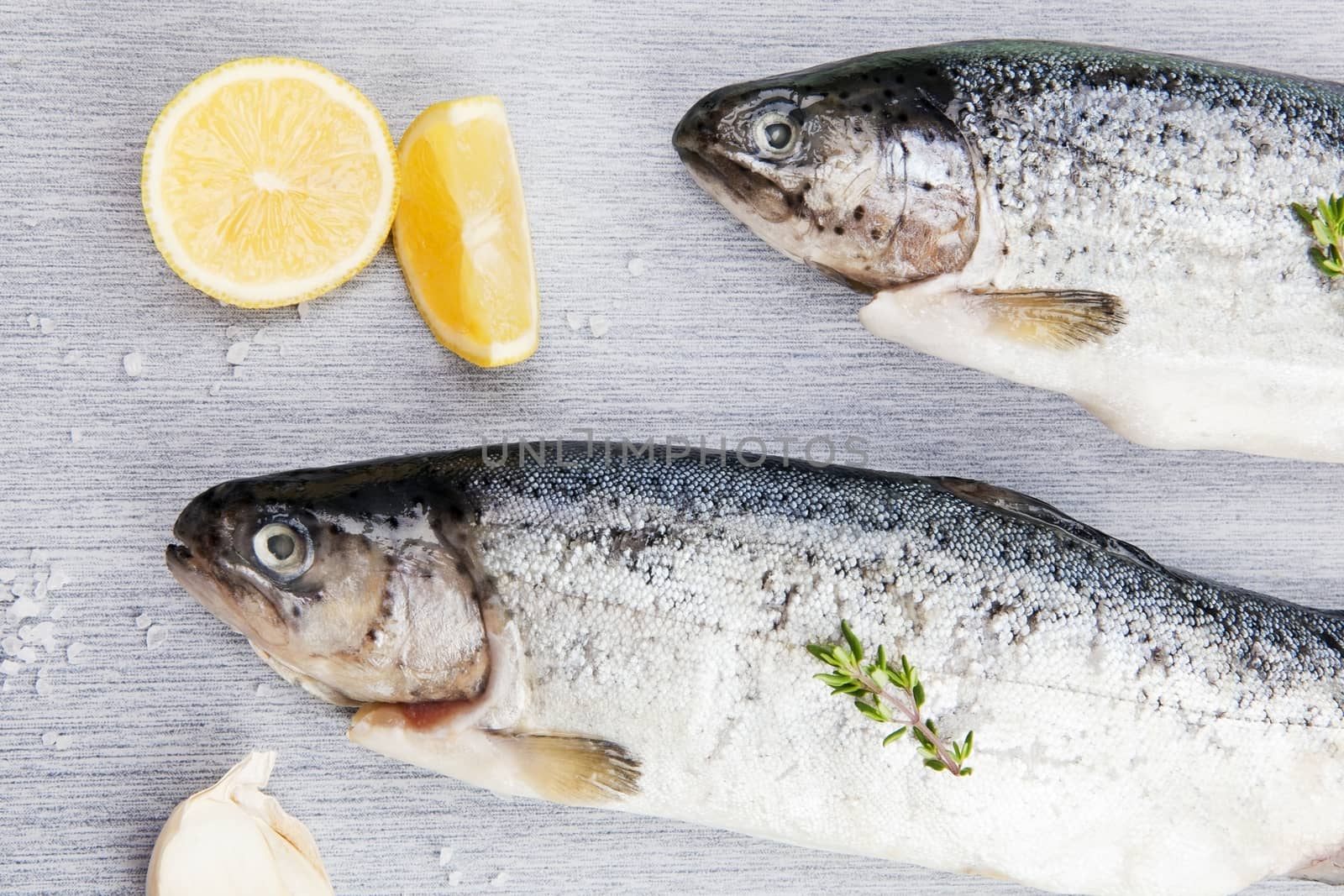 Two fish isolated on board with lemon and salt corns. Seafood concept. 