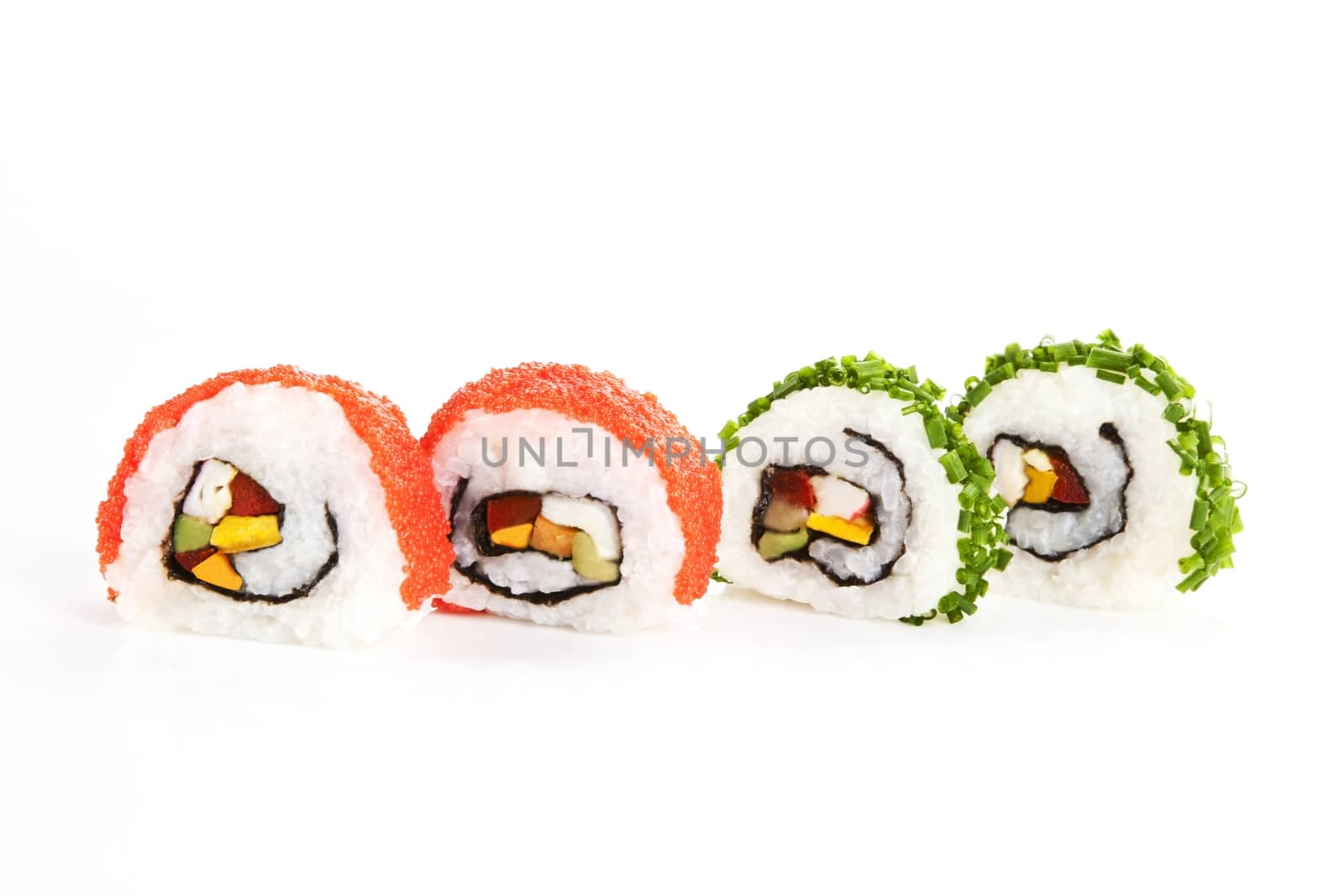 Four luxurious sushi rolls isolated on white background. Two rolls decorated with chive and two with caviar.