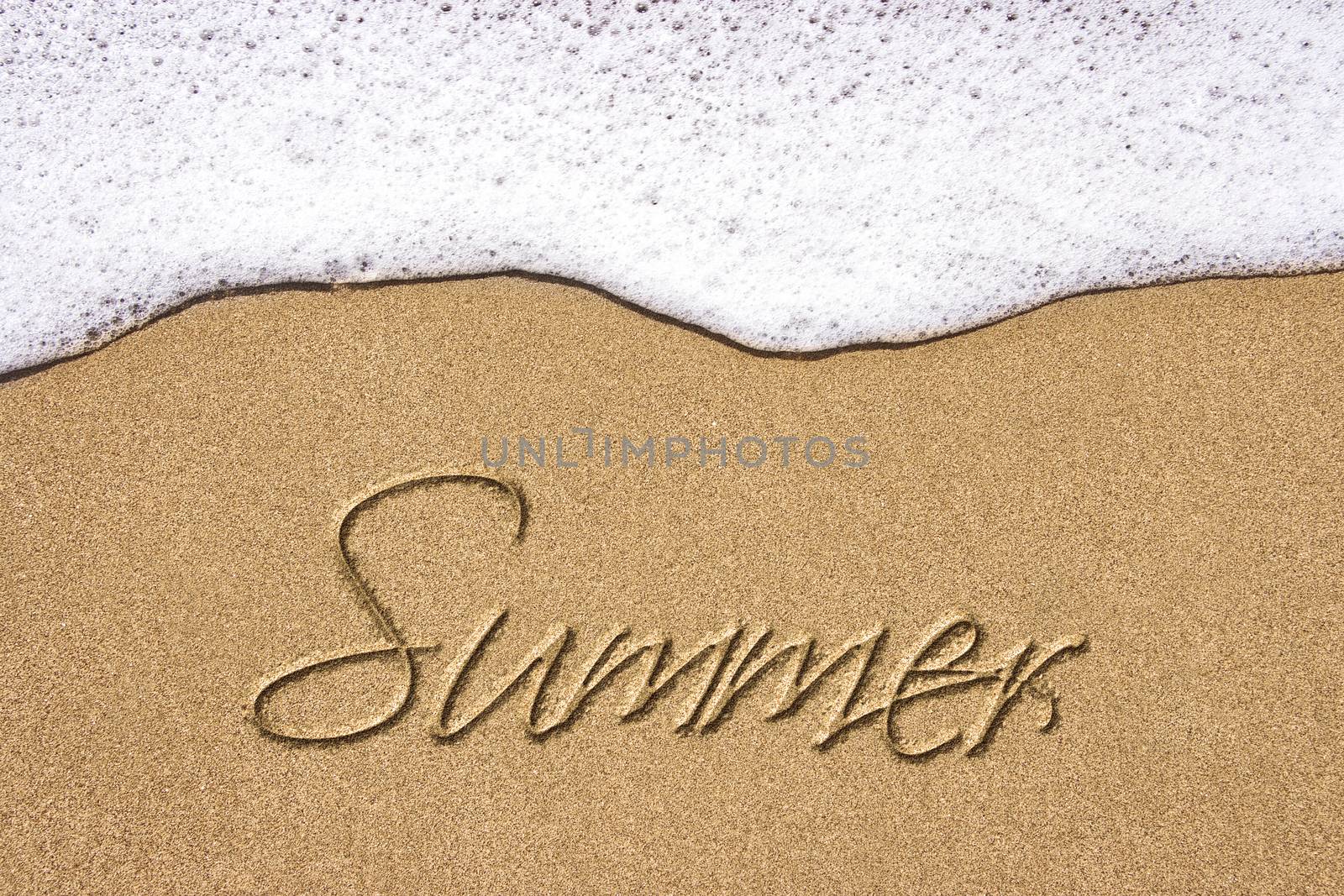 Beach background with summer written in sand. Wave and sand border.