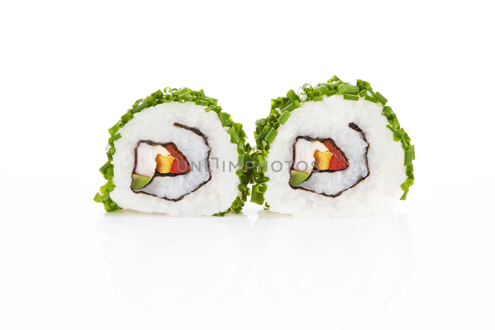 Two sushi rolls with chive isolated on white background.