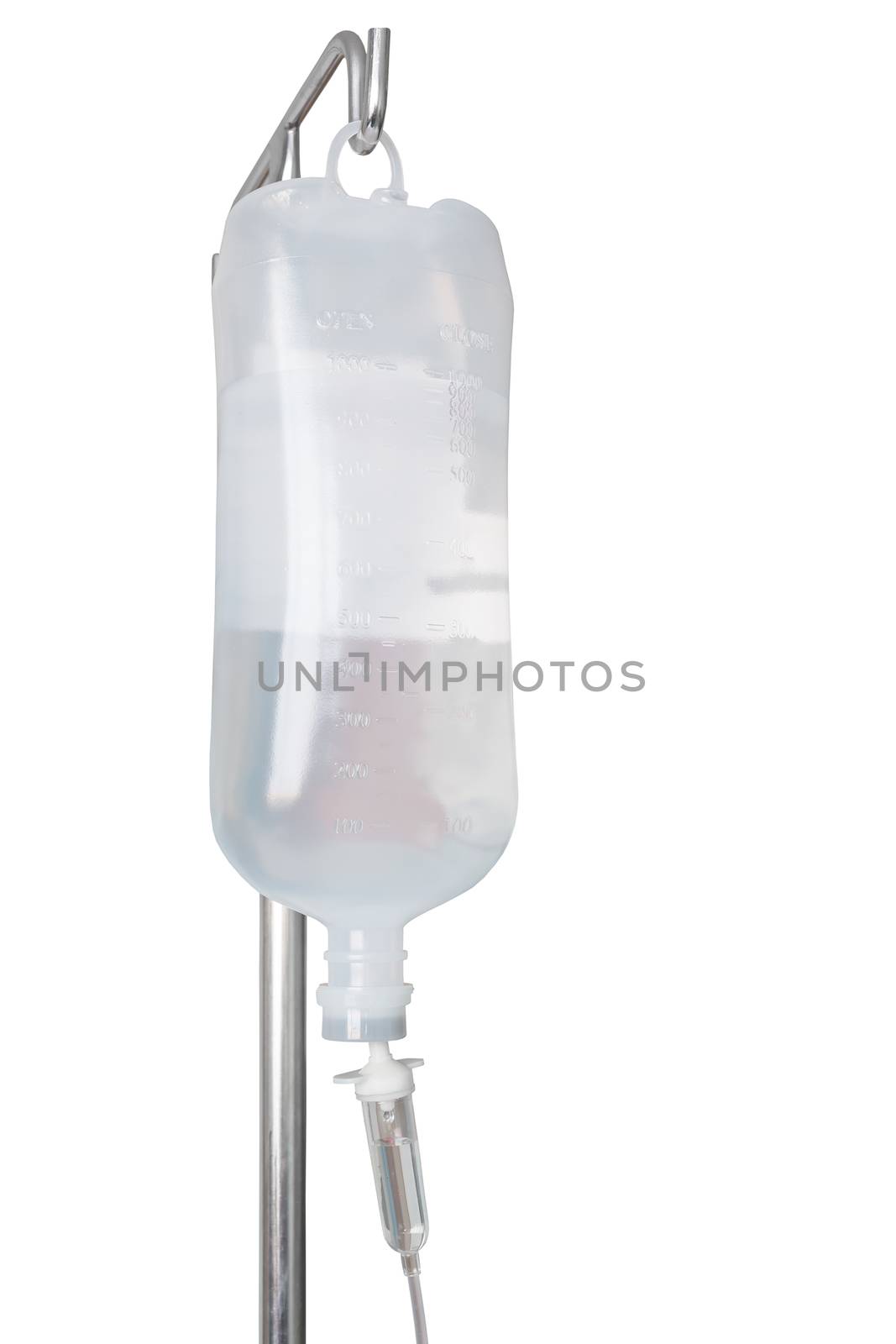 Infusion bottle with saline solution on white background