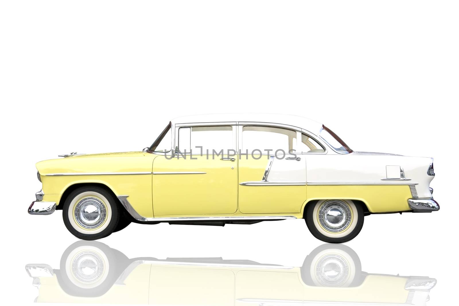 Old antique shiny yellow metallic car isolate on white with clipping mask.