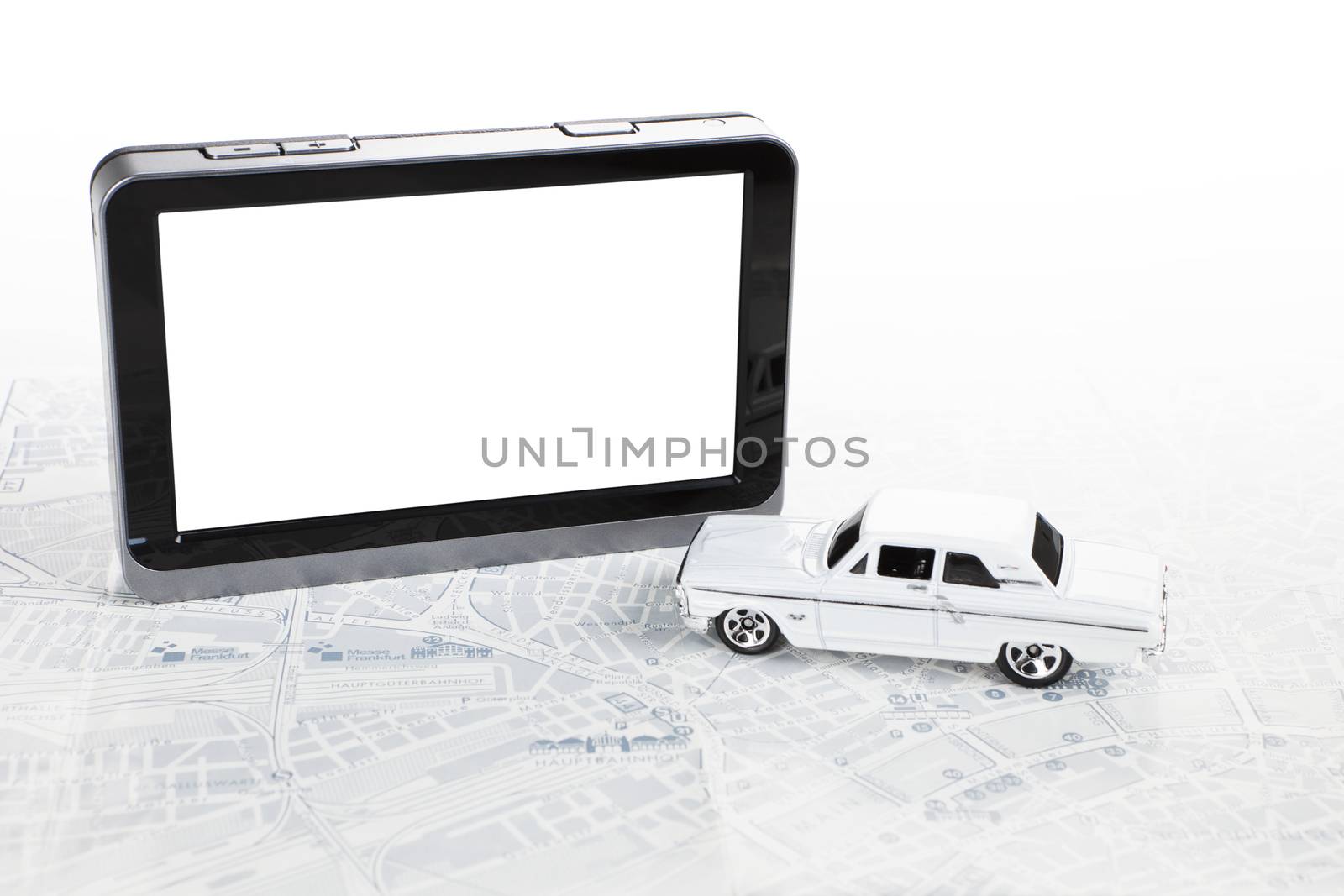 Portable GPS navigation with white muscle car and map.