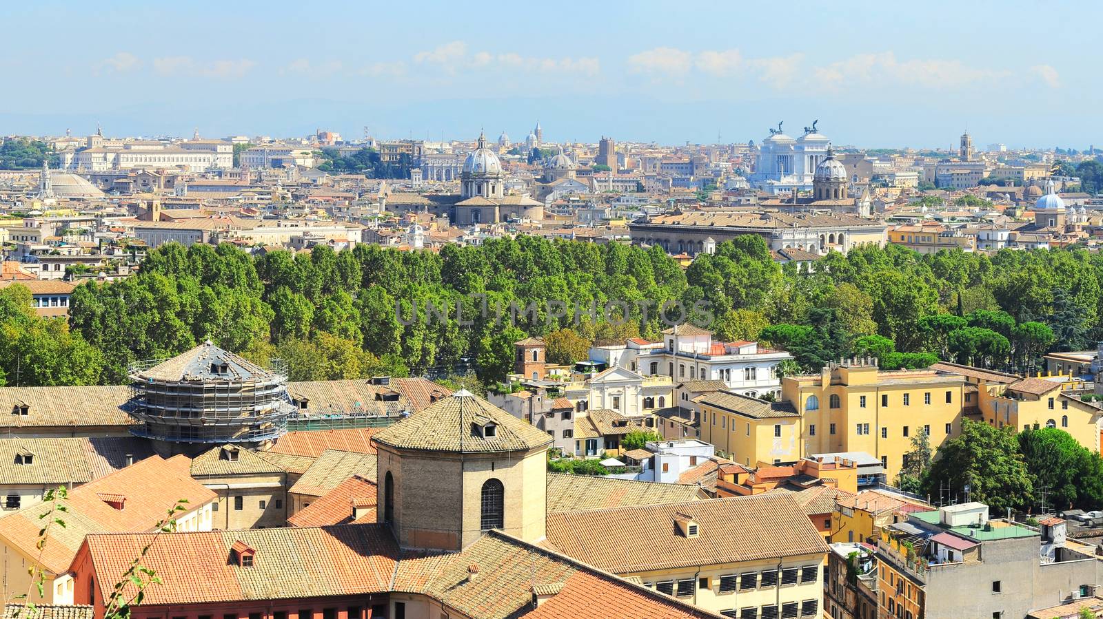 Aerial panoramic view of Rome in the sunny day. Italy