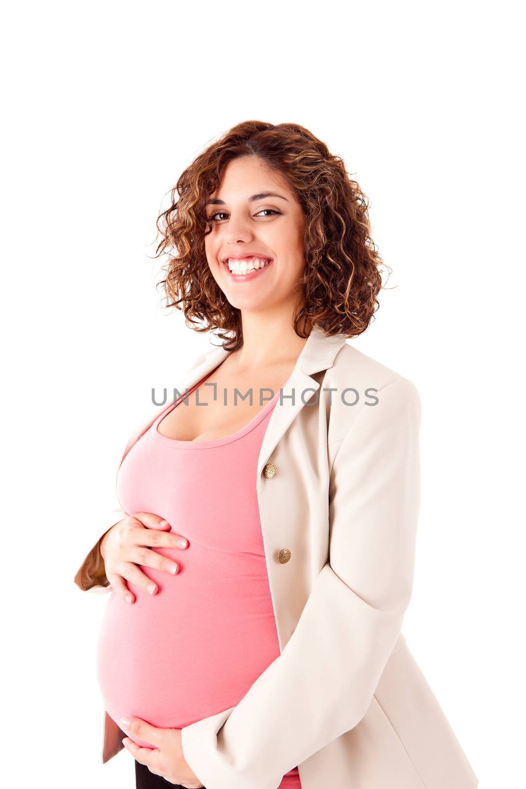 Beautiful pregnant woman showing her good shape over white background