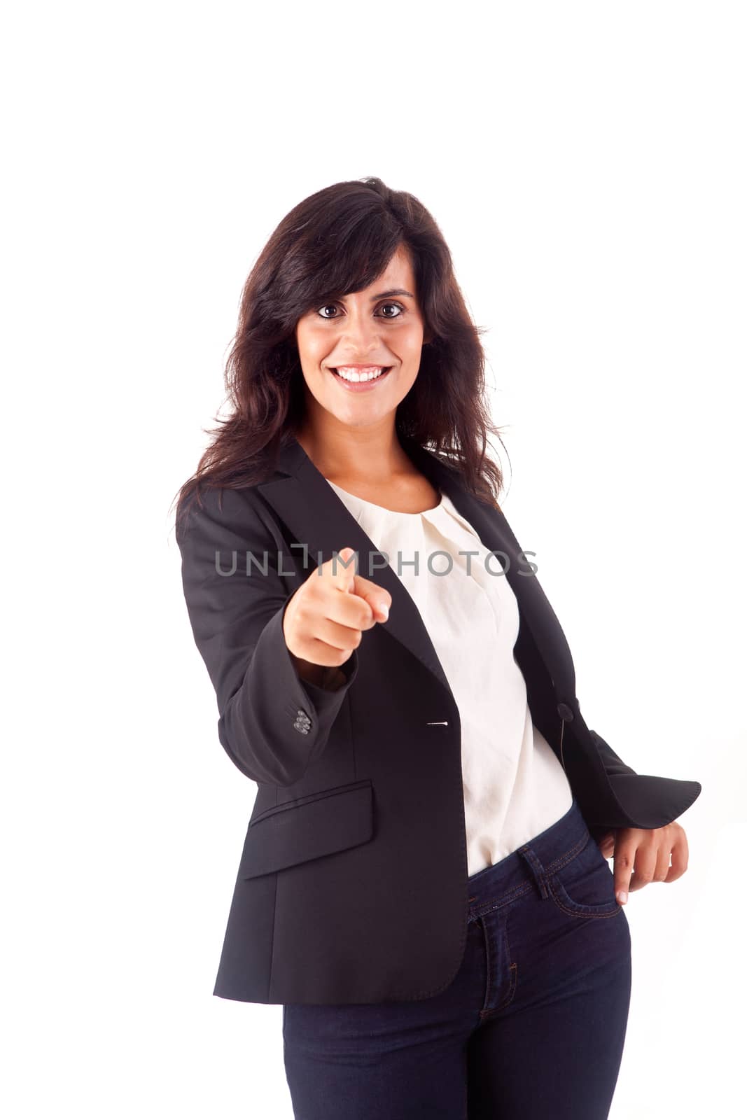 Smiling woman pointing up over white background