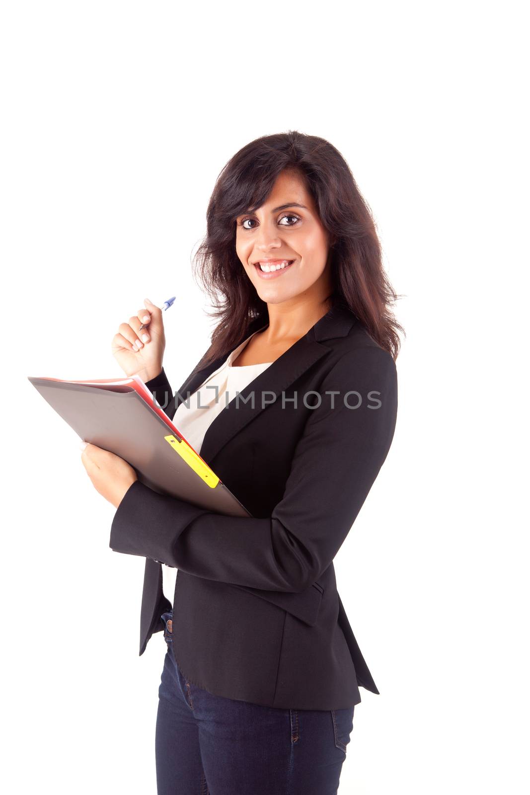 Beautiful woman scheduling an appointment over white background