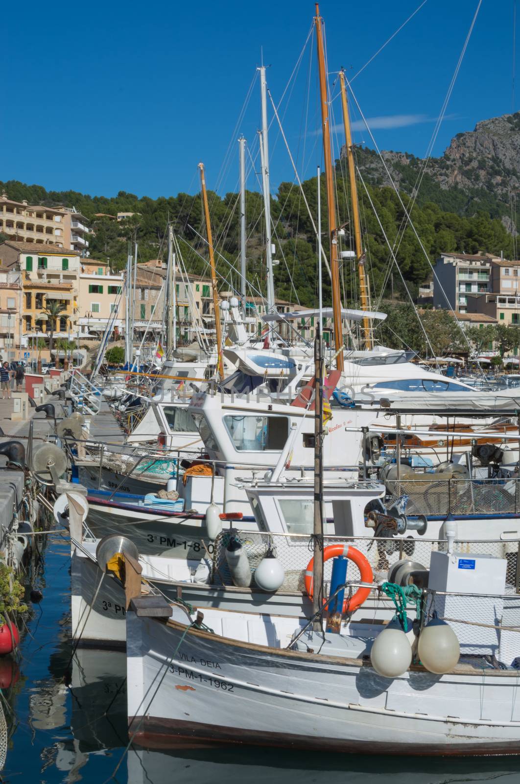 Small boats in Port de Soller marina, Majorca, Spain, in October.