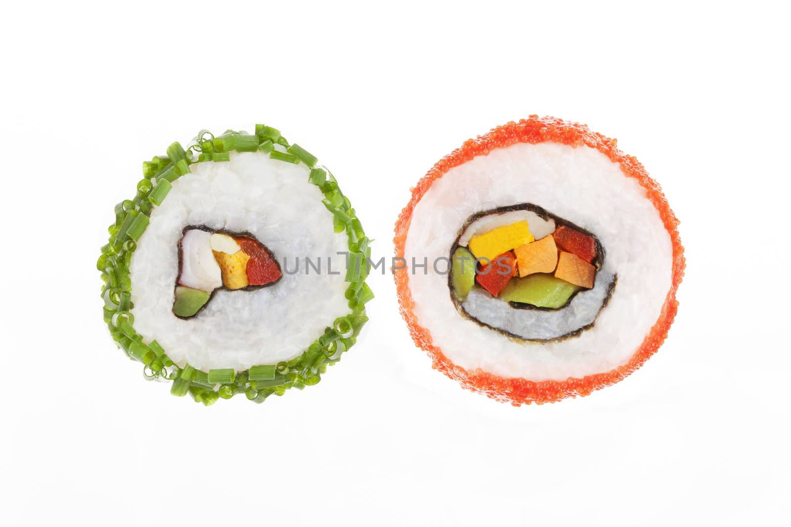 Two california maki sushi pieces with caviar and chive isolated on white background. Japanese gourmet food.