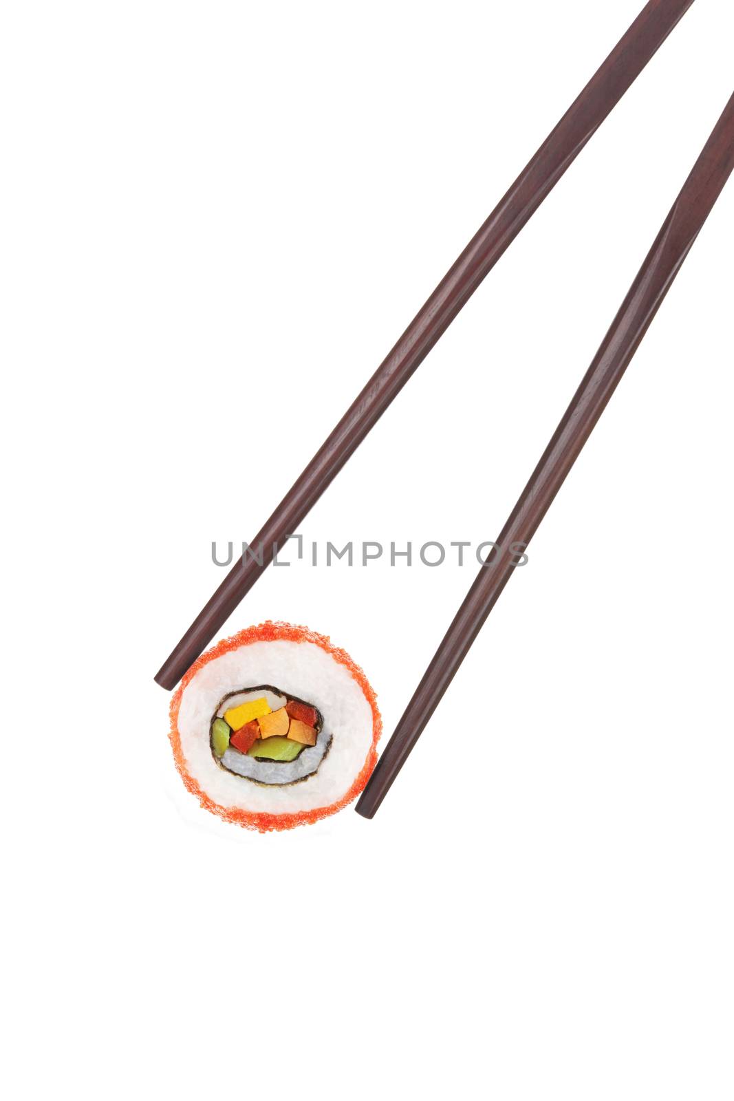 Holding a california maki sushi piece with chopsticks isolated on white background. Culinary gourmet japanese food. 