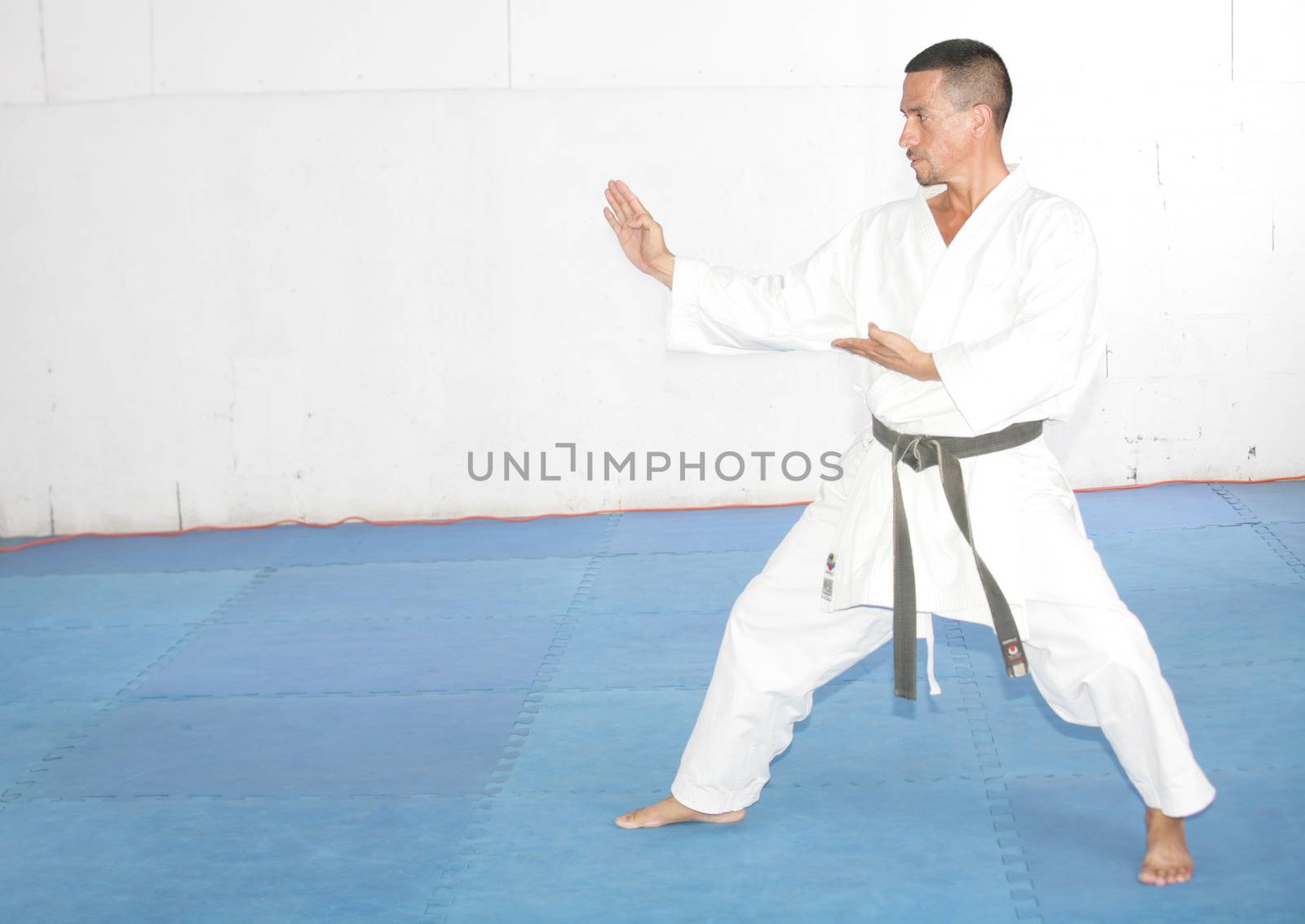Black belt Man in kimono during training karate kata exercises by dacasdo