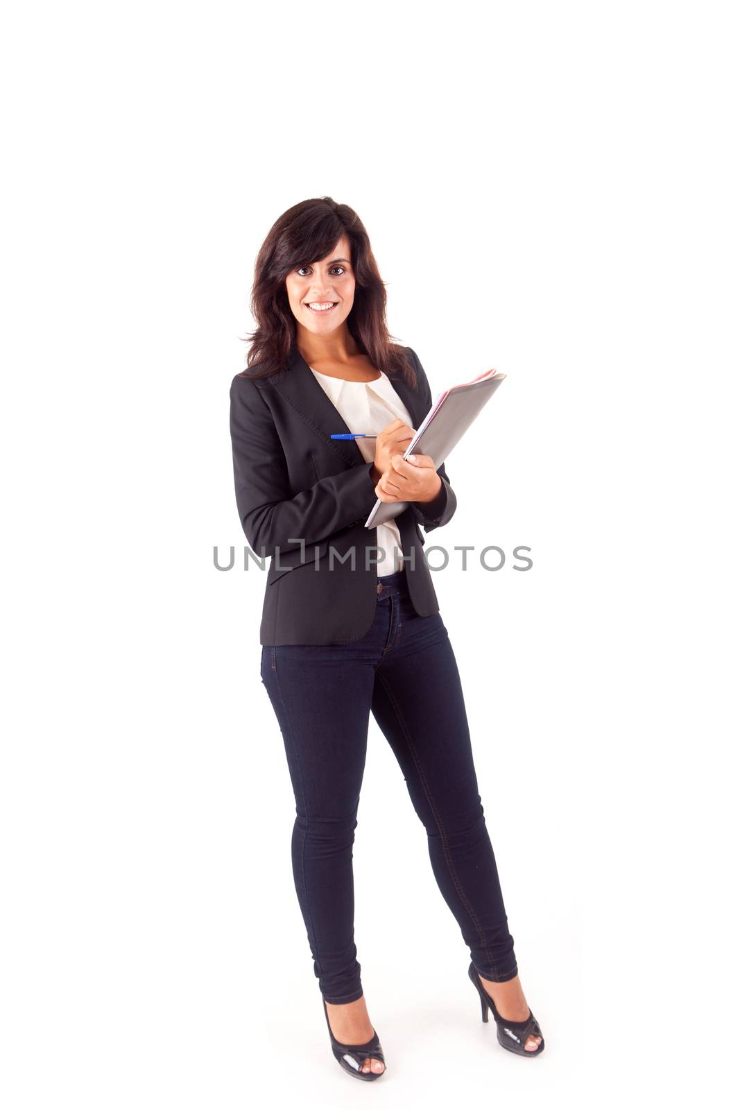 Beautiful woman scheduling an appointment over white background