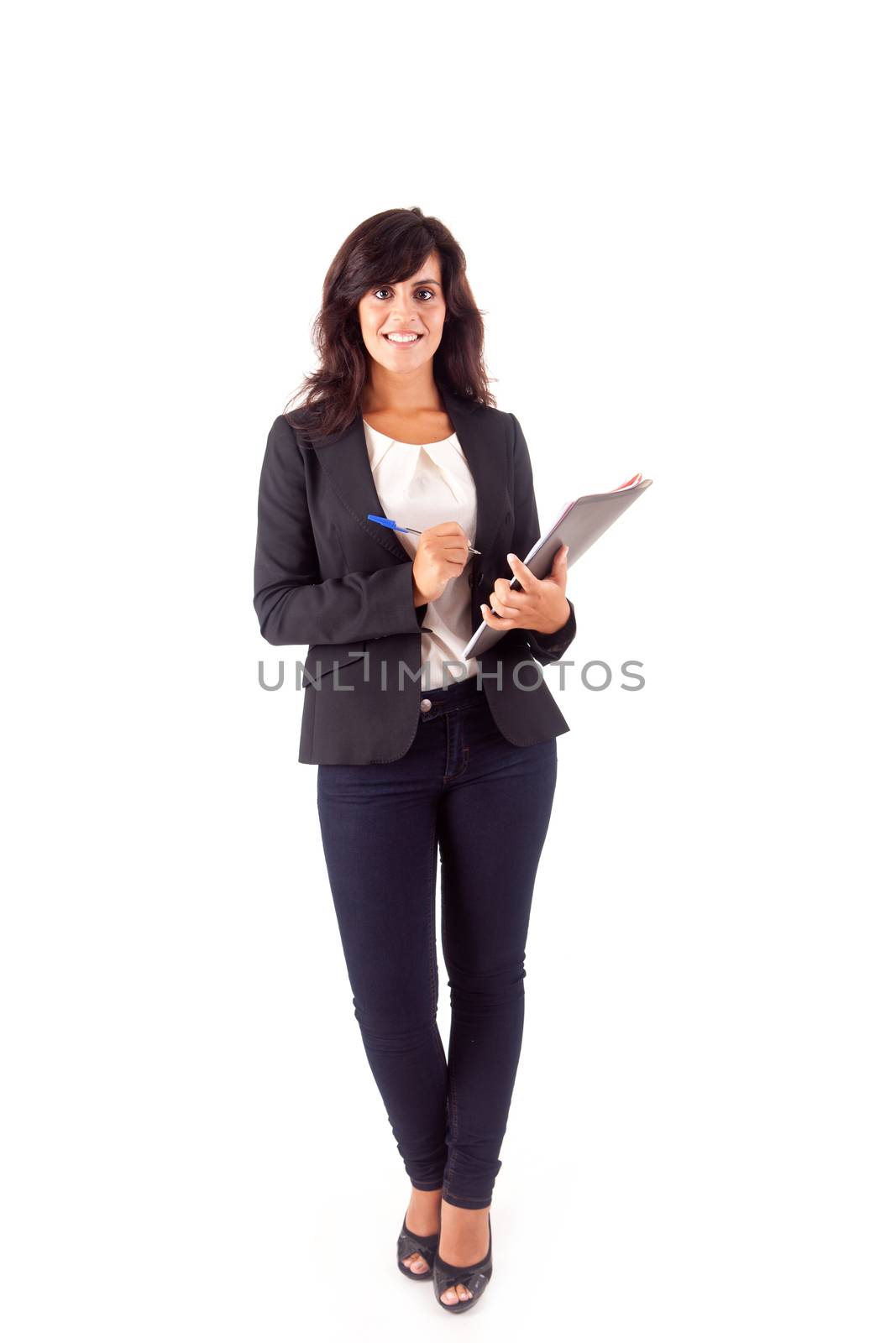 Beautiful woman scheduling an appointment over white background