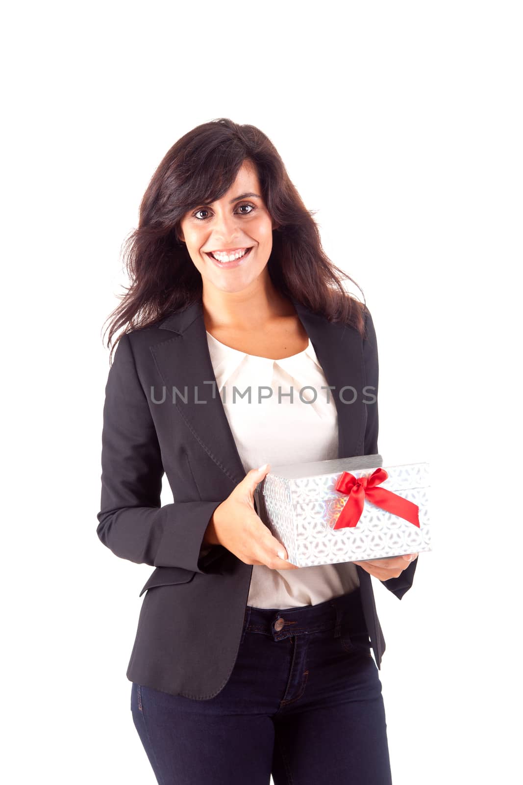 Business woman holding a present on white background by jolopes