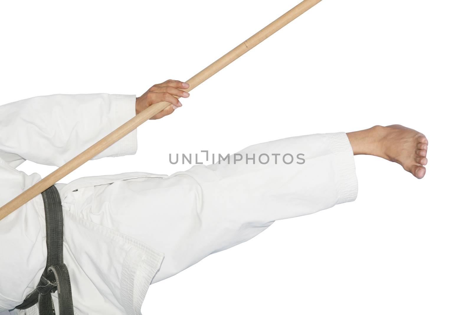 Blackbelt Karate giving a kick with the bo by dacasdo