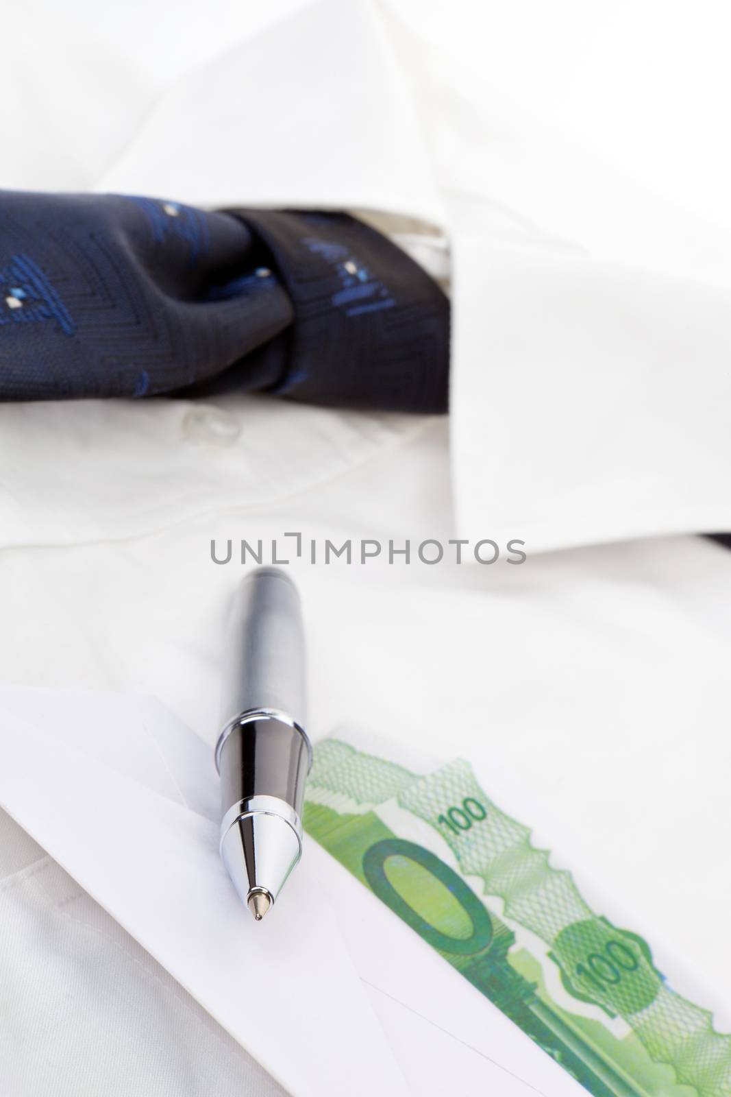 Dress shirt with blue neck tie hundred eur banknotes with envelope and pen in pocket.
