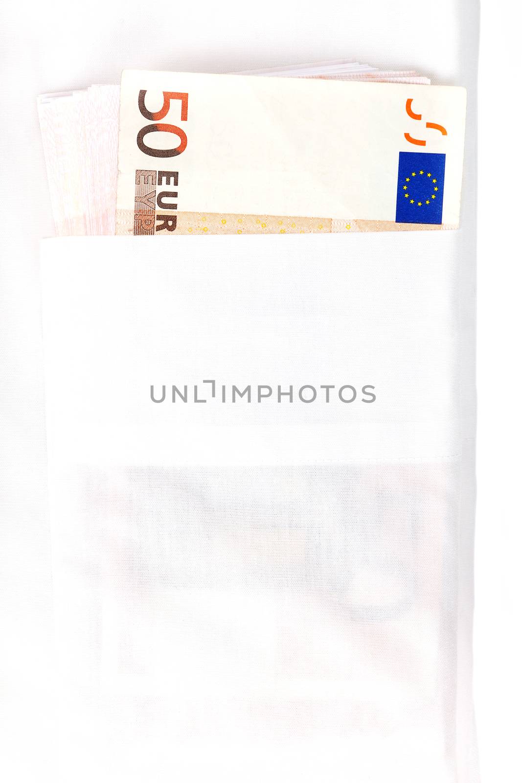 Fifty euro banknotes in white dress shirt pocket close up. Salary or corruption? Wealth or debt?
