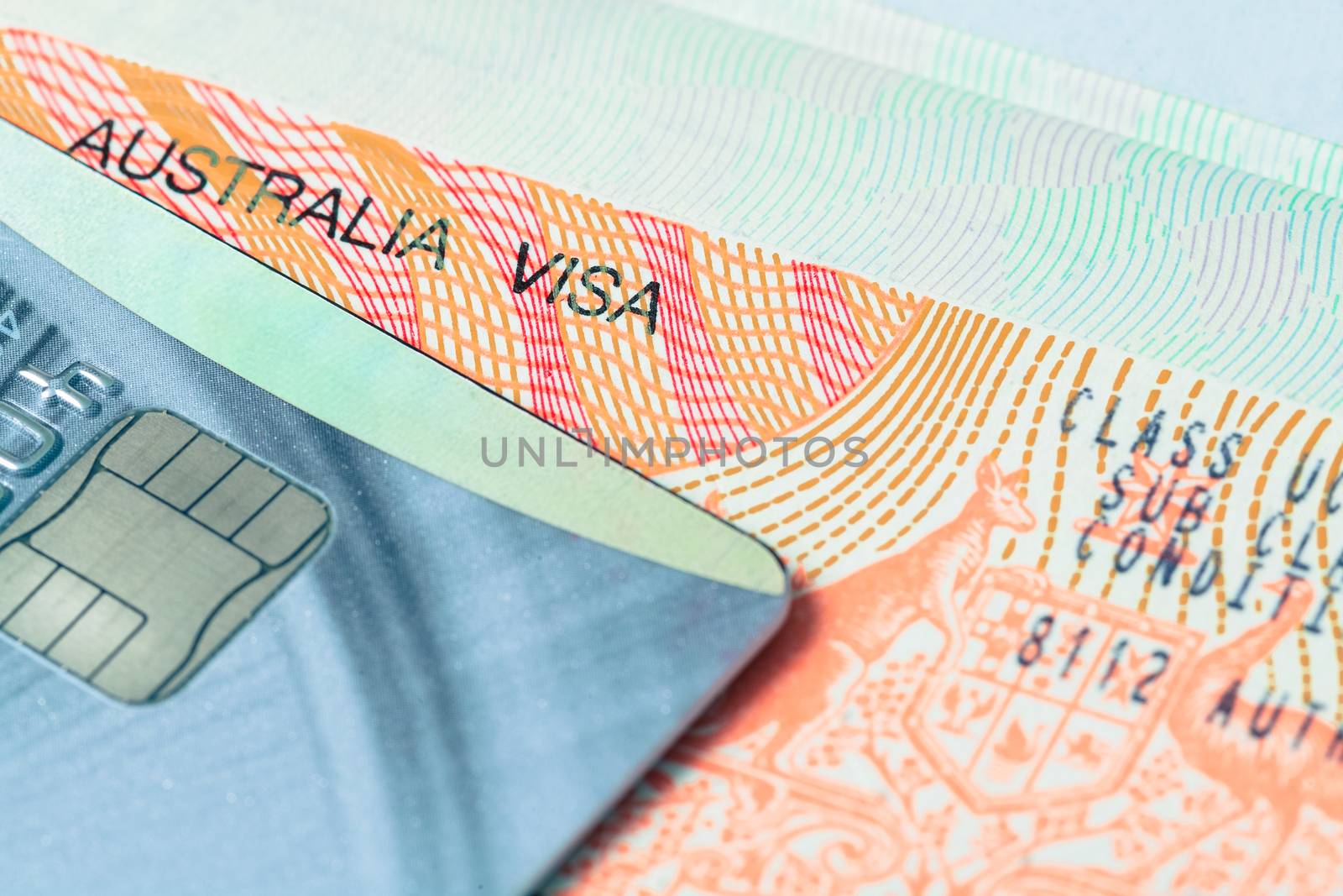 Passport stamp visa and credit card for travel concept background, Australia