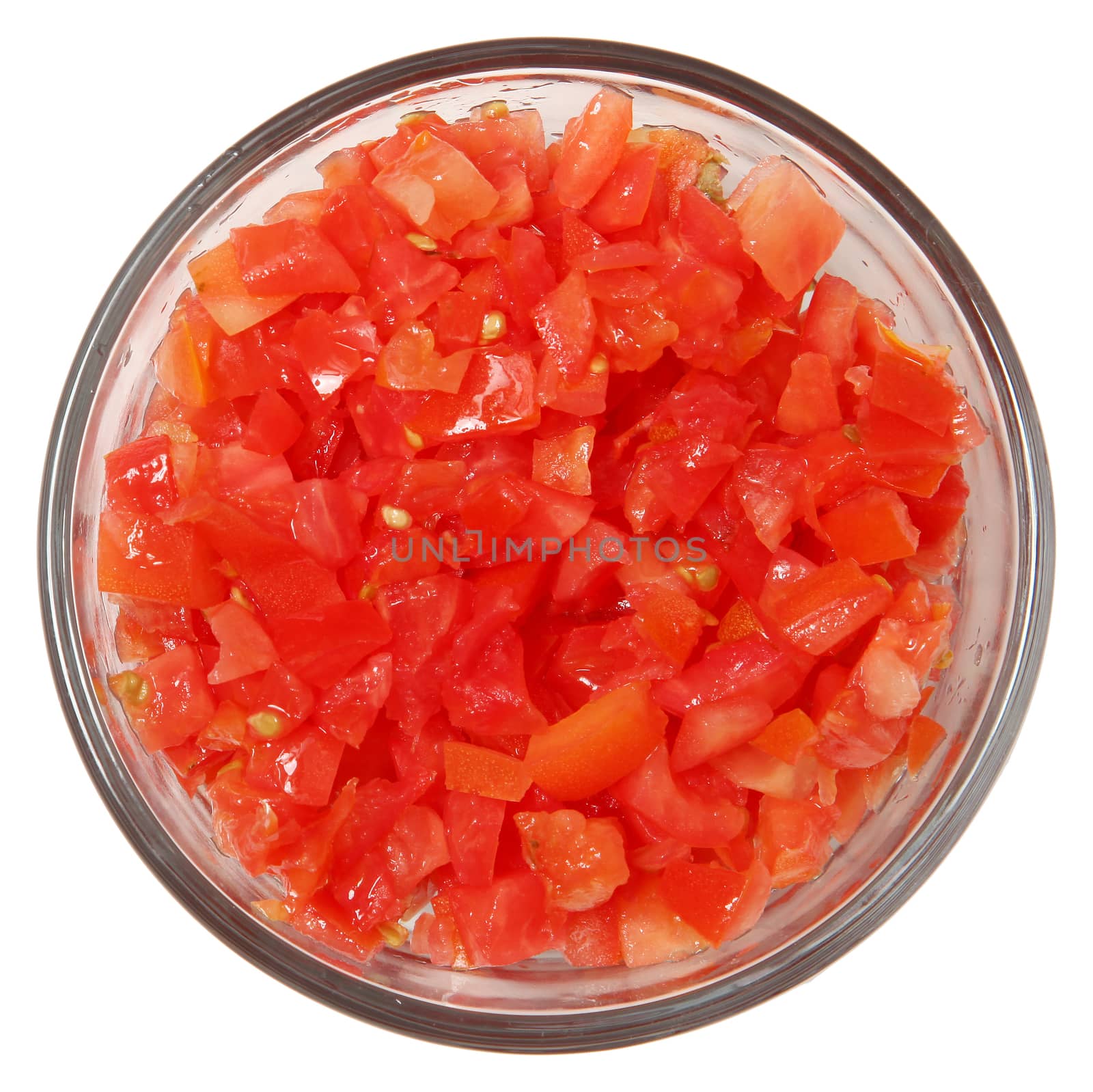 Glass Bowl of Diced Tomatoes with Top View Isolated Over White
