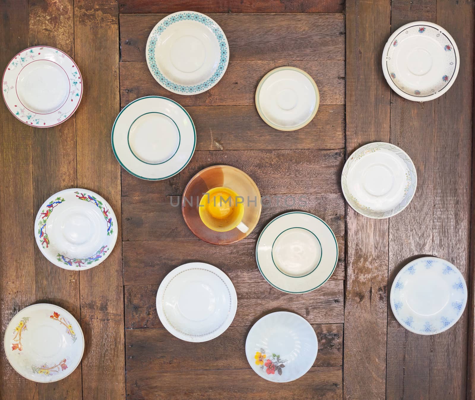old empty plate and cup on wood wall, top view